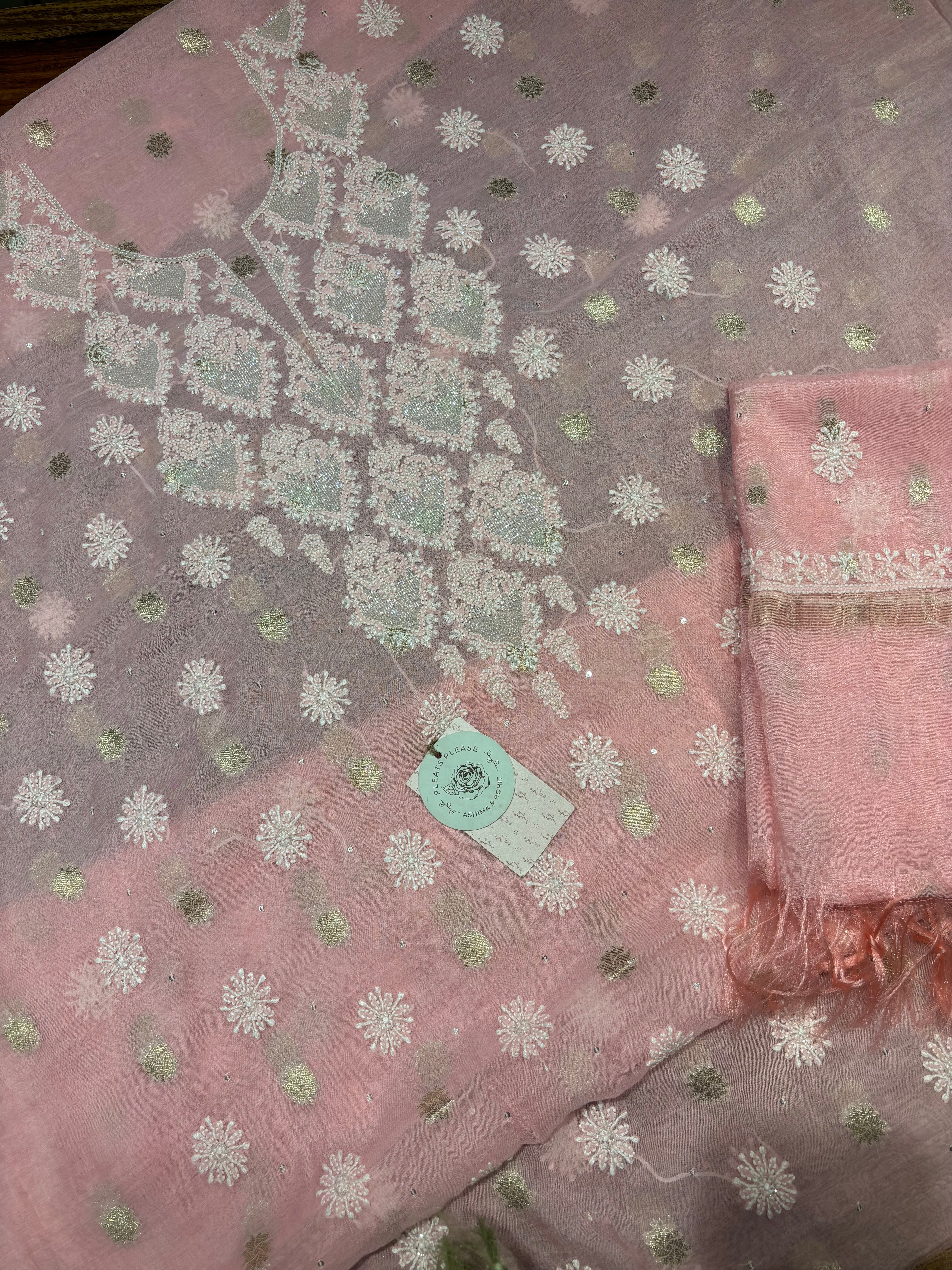 Pink Chanderi Silk Chikankari Kurta & Dupatta Fabric