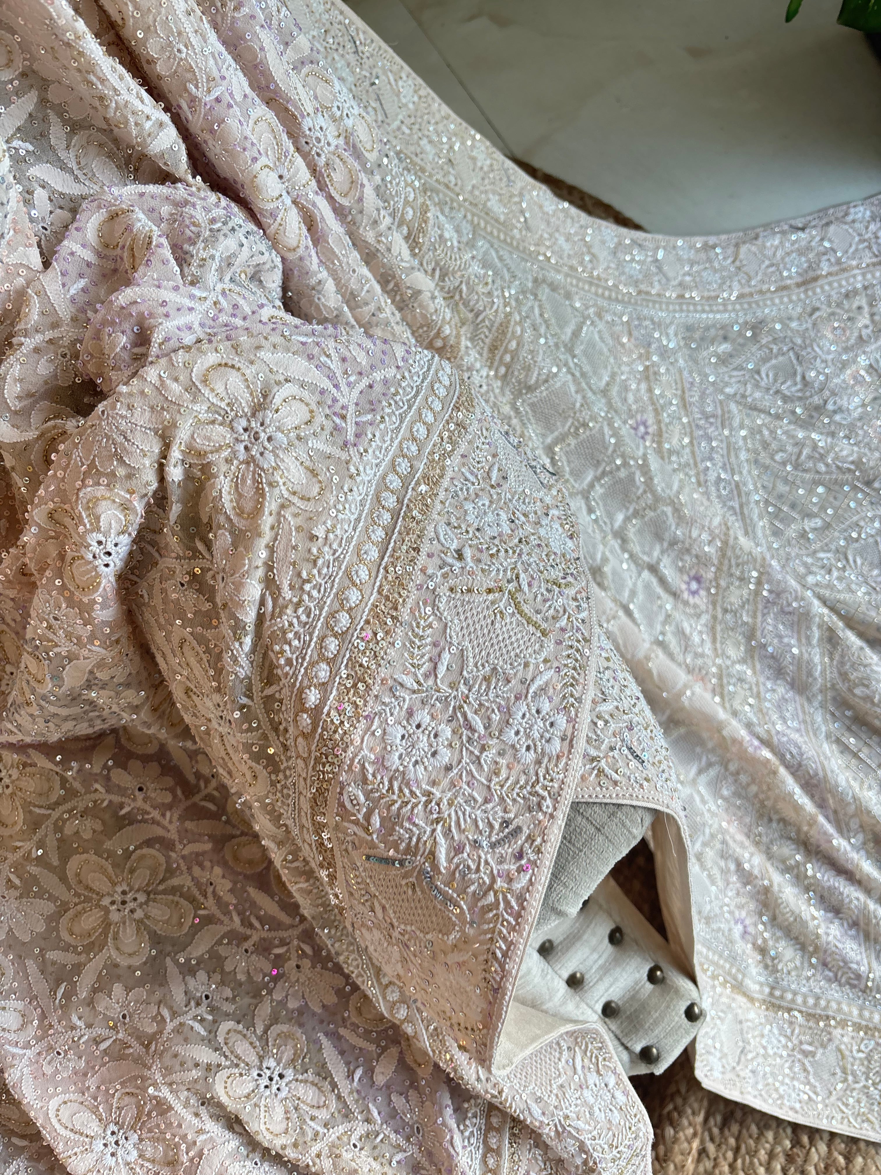 Coffee Cream Pure Georgette Chikankari Saree and Blouse