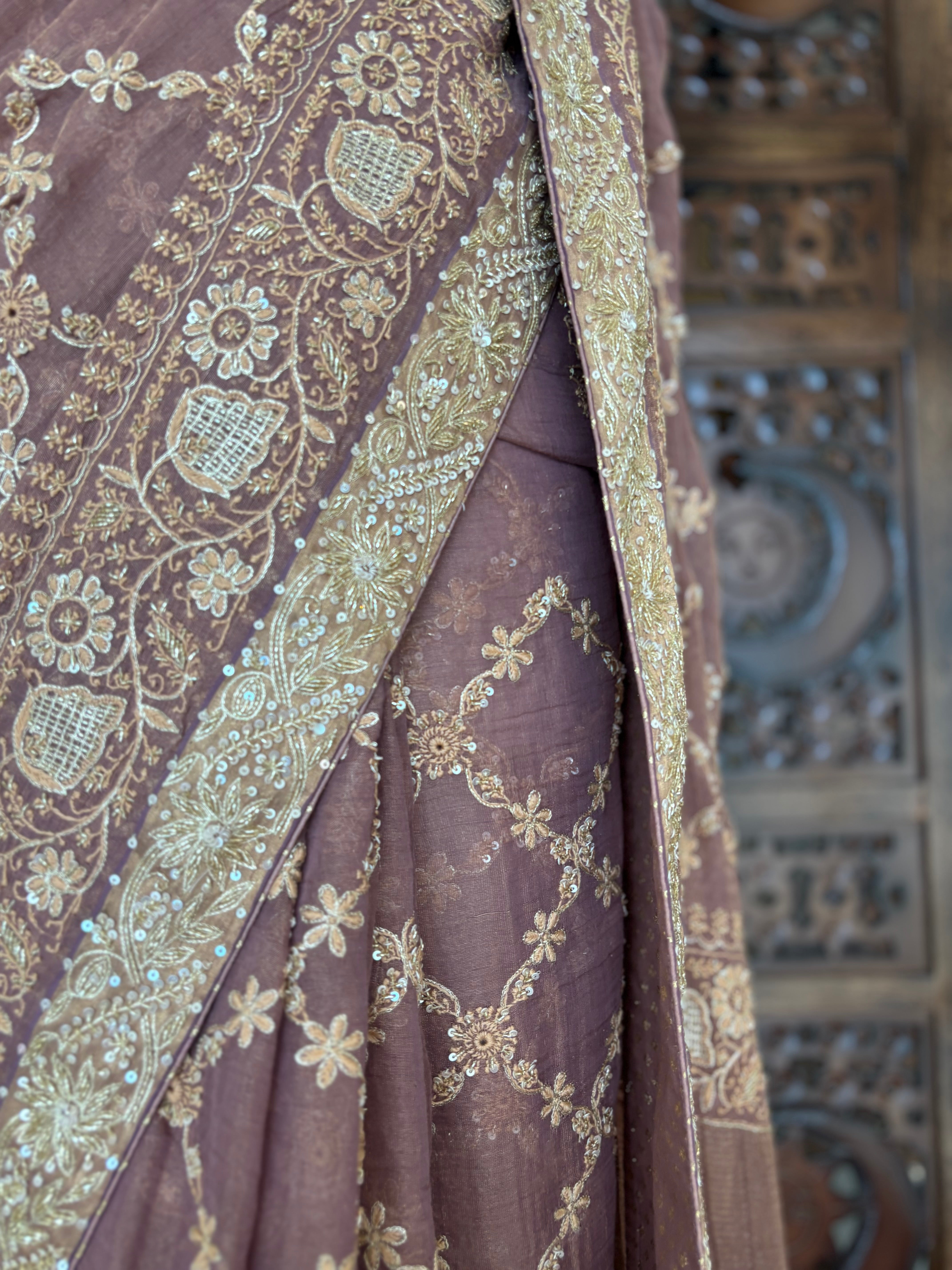 Garnet Pure & Premium Tissue Chikankari Saree and Blouse - Pleats PleaseChikankari