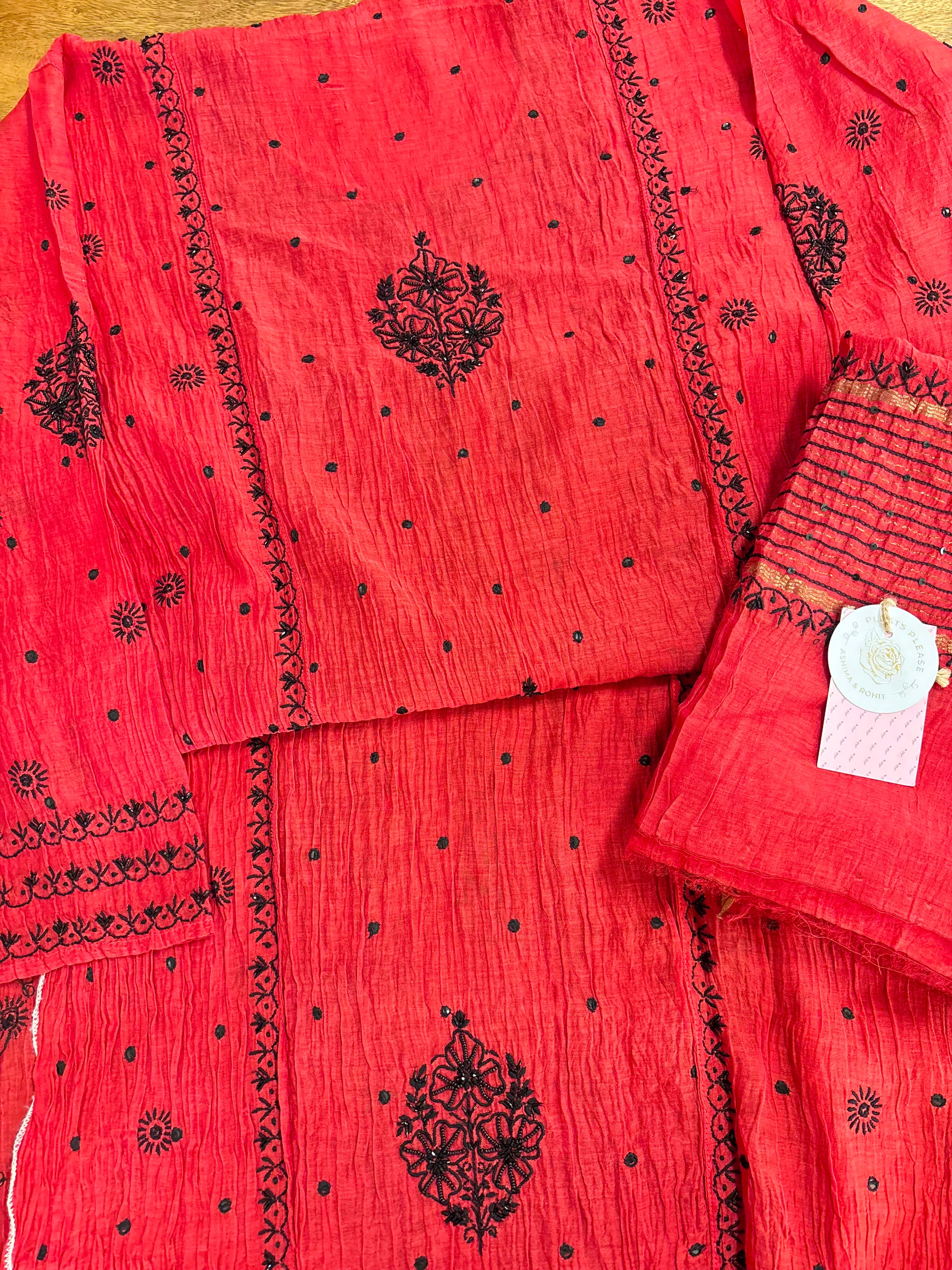 Red Chanderi Chikankari Kurta & Dupatta