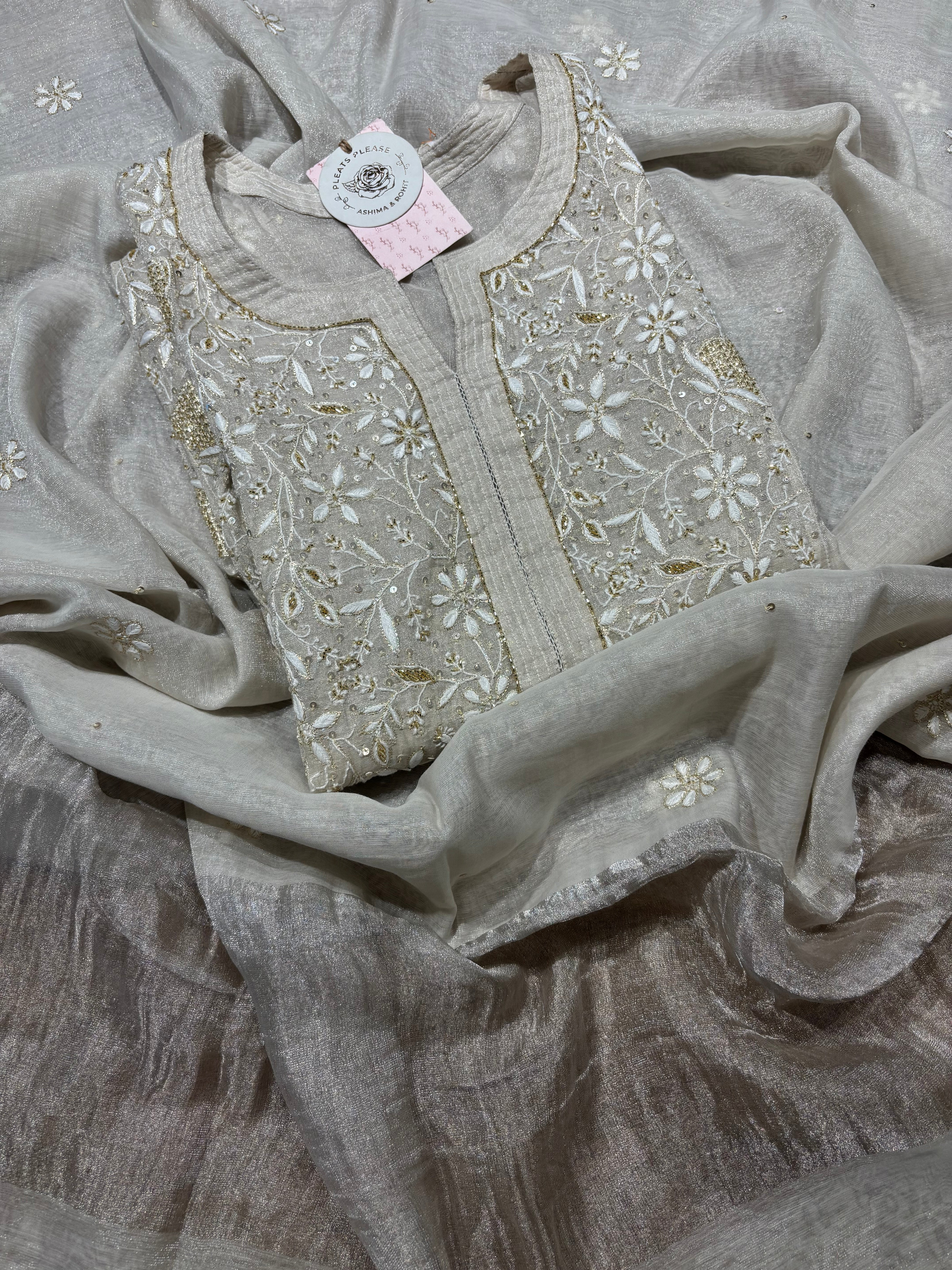Dyeable Pure and Premium Silver Tissue Chikankari Kurta and Dupatta set
