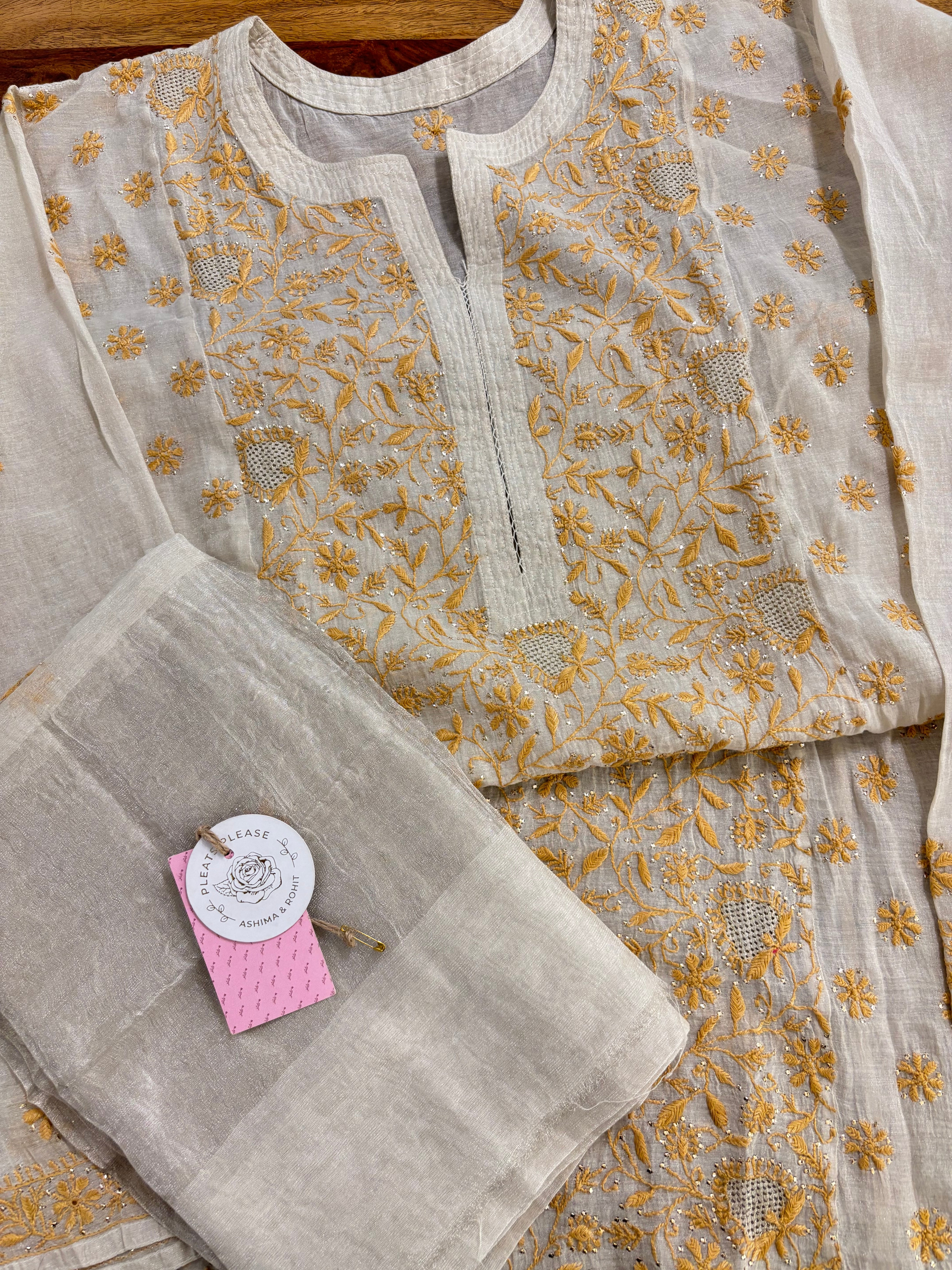 Dyeable Silver Tissue Chikankari Mukaish Kurta & Dupatta