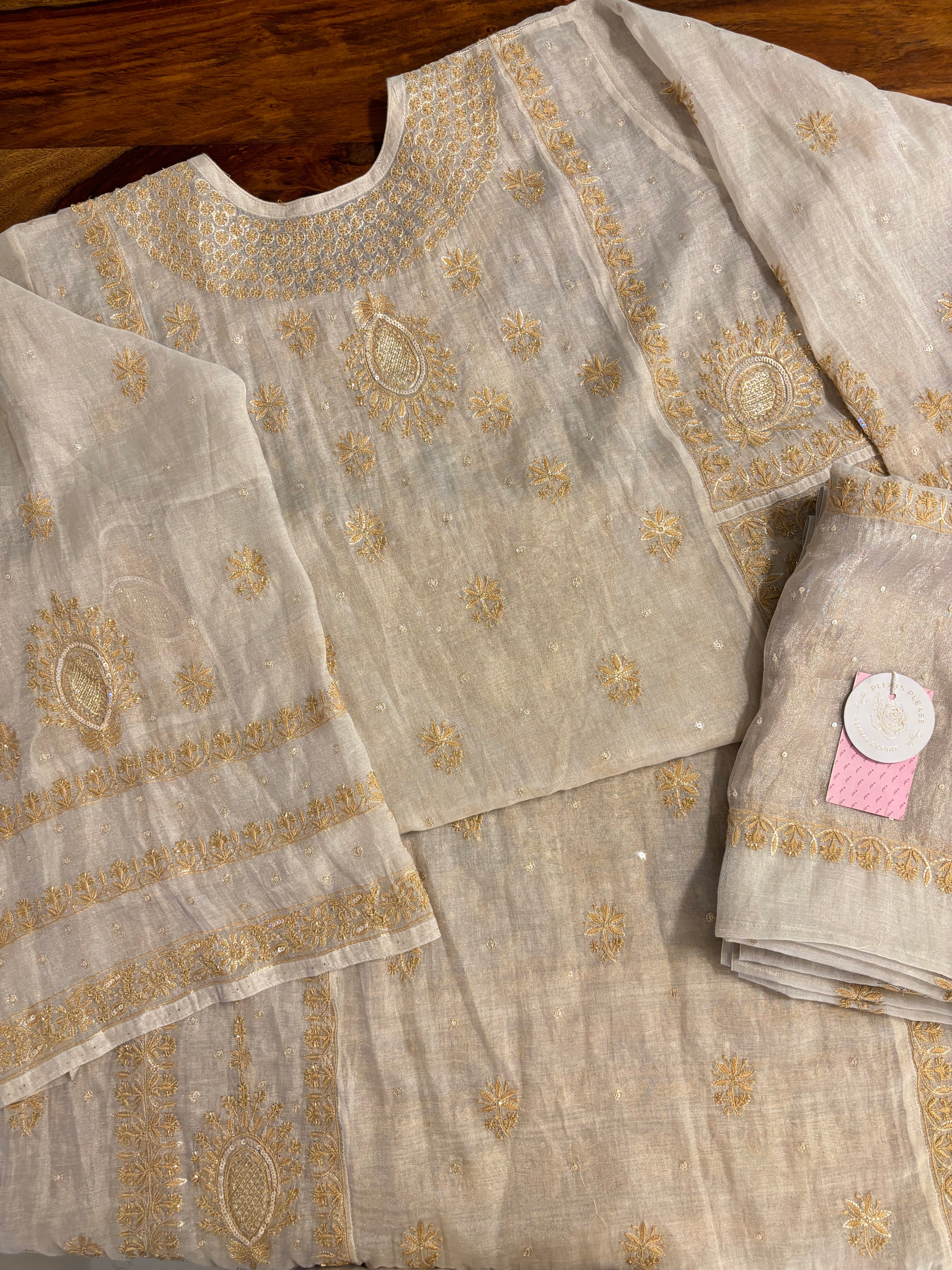 Dyeable Pure & Premium Silver Tissue Chikankari Kurta & Dupatta - Pleats PleaseChikankari