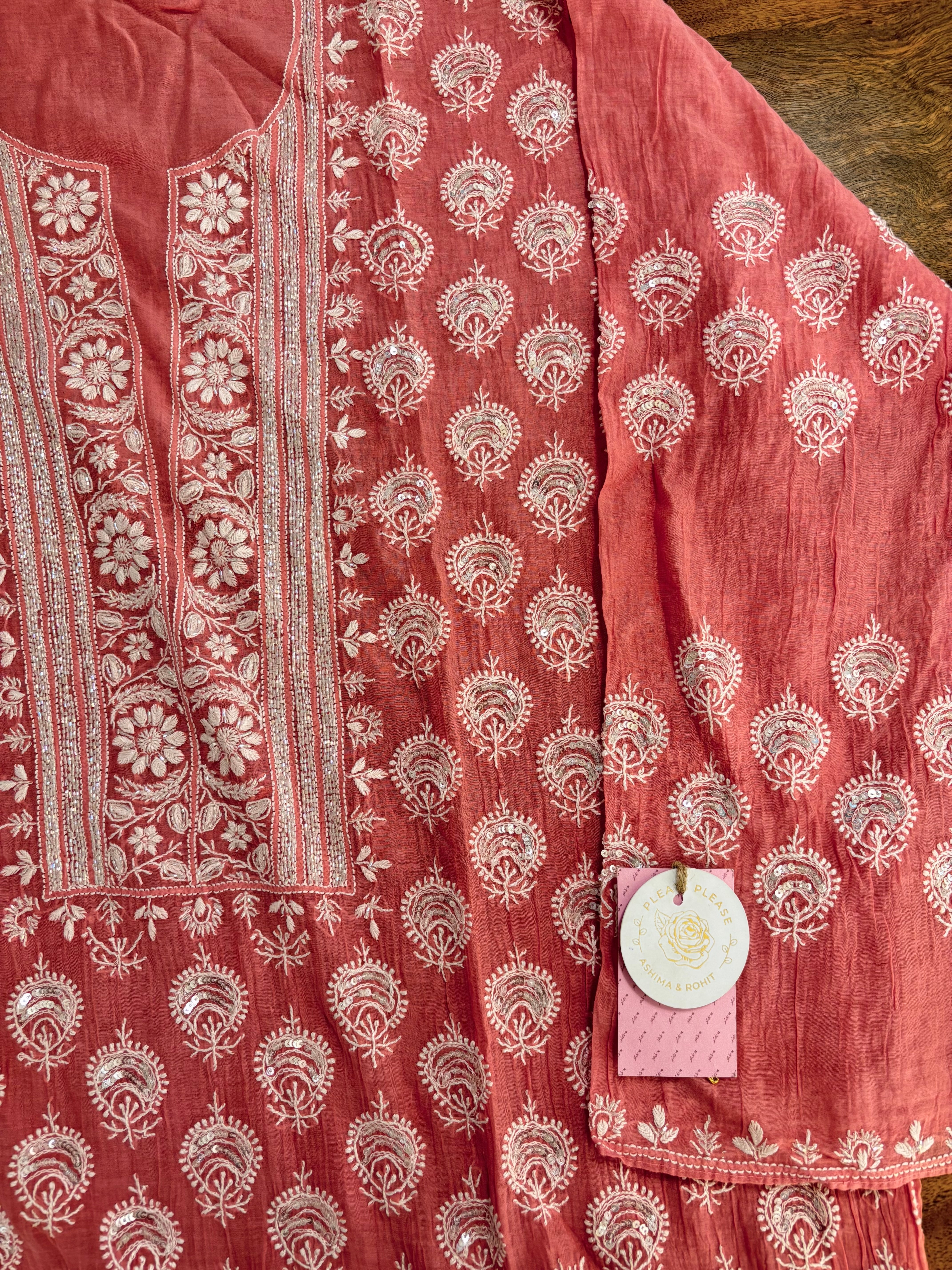 Peach Chanderi Mul Chikankari Kurta & Dupatta