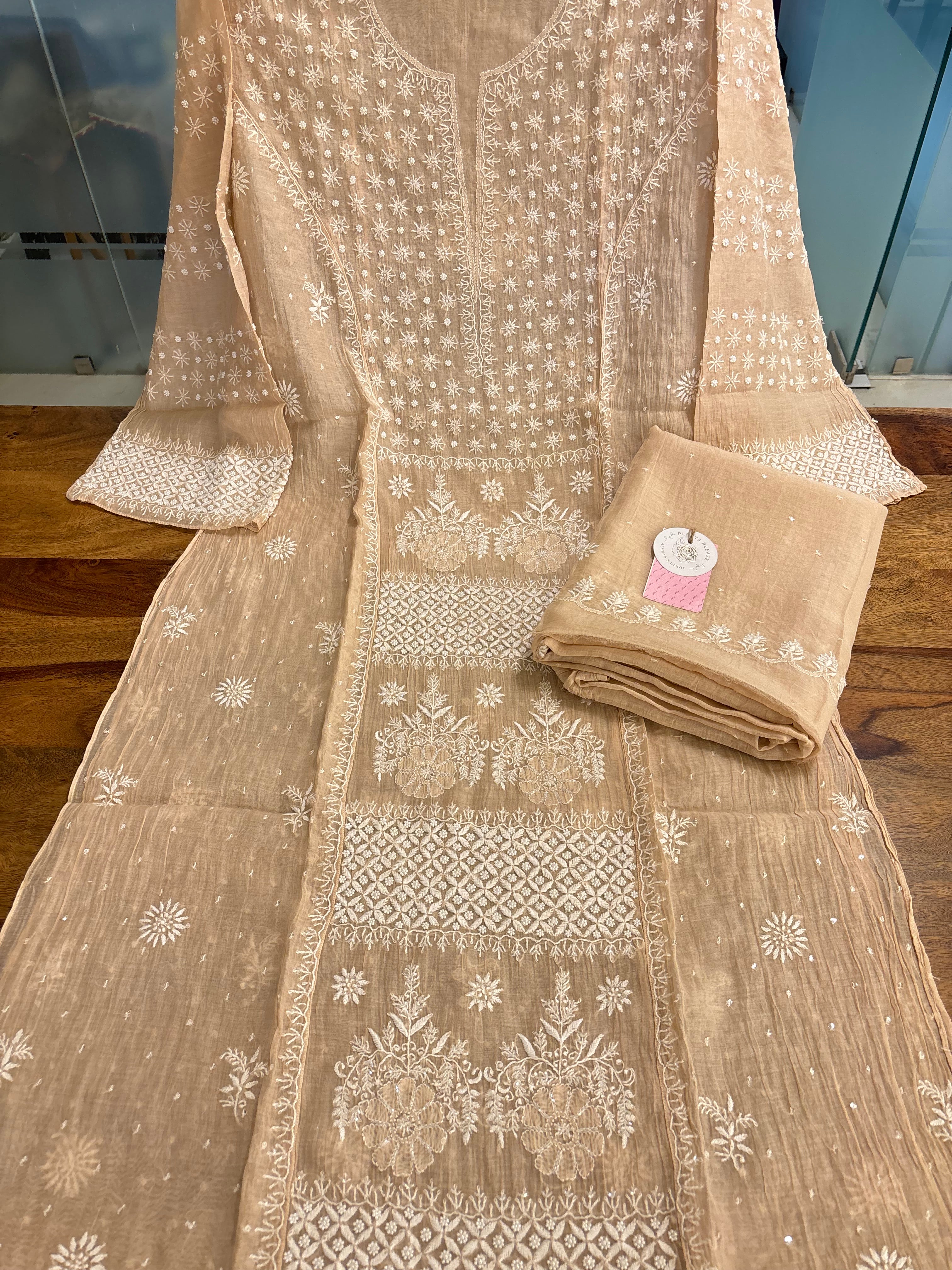 Pastel Peach Chanderi Chikankari Kurta & Dupatta