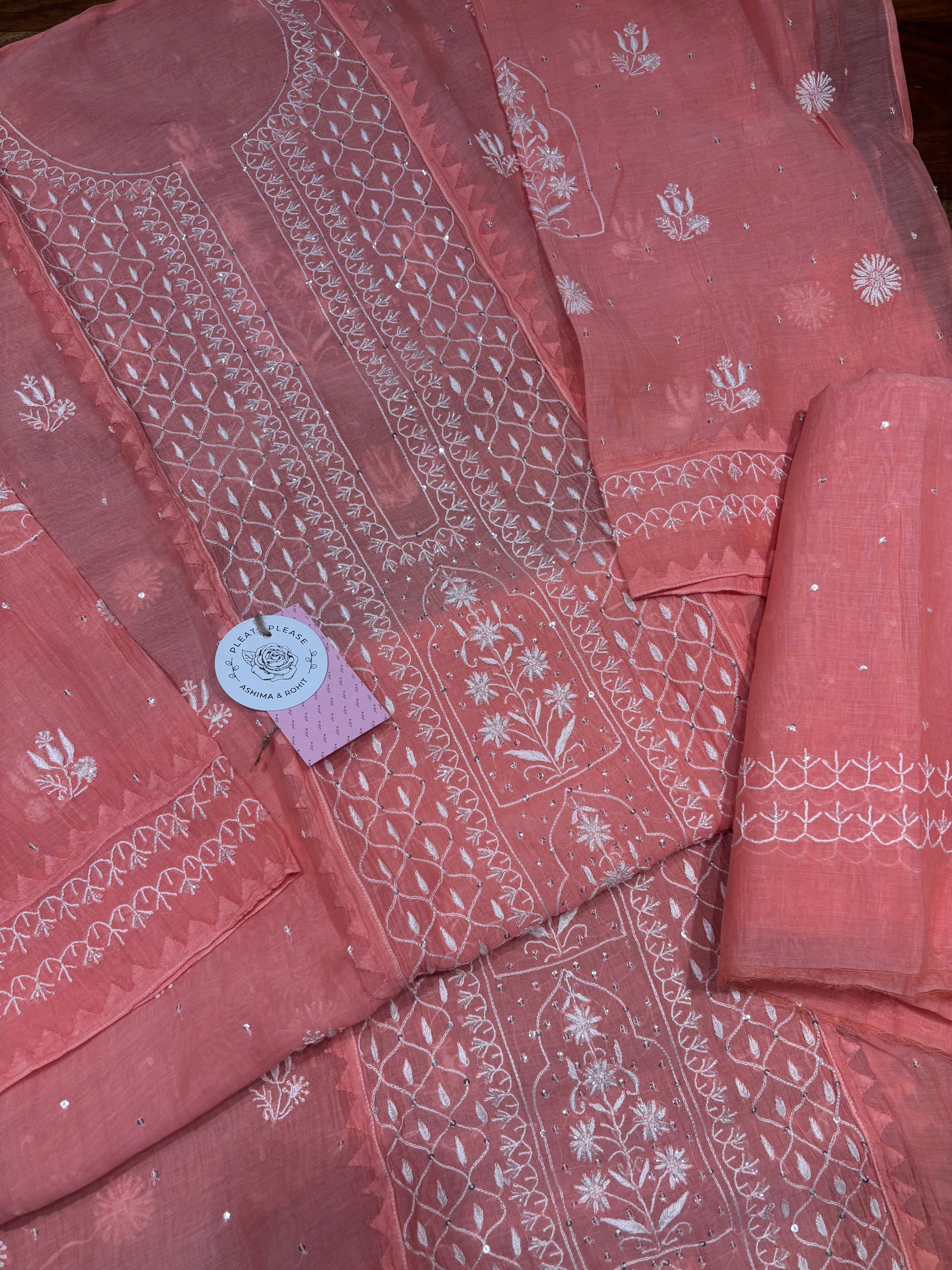 Pink Chanderi Mul Chikankari Kurta and Dupatta Set