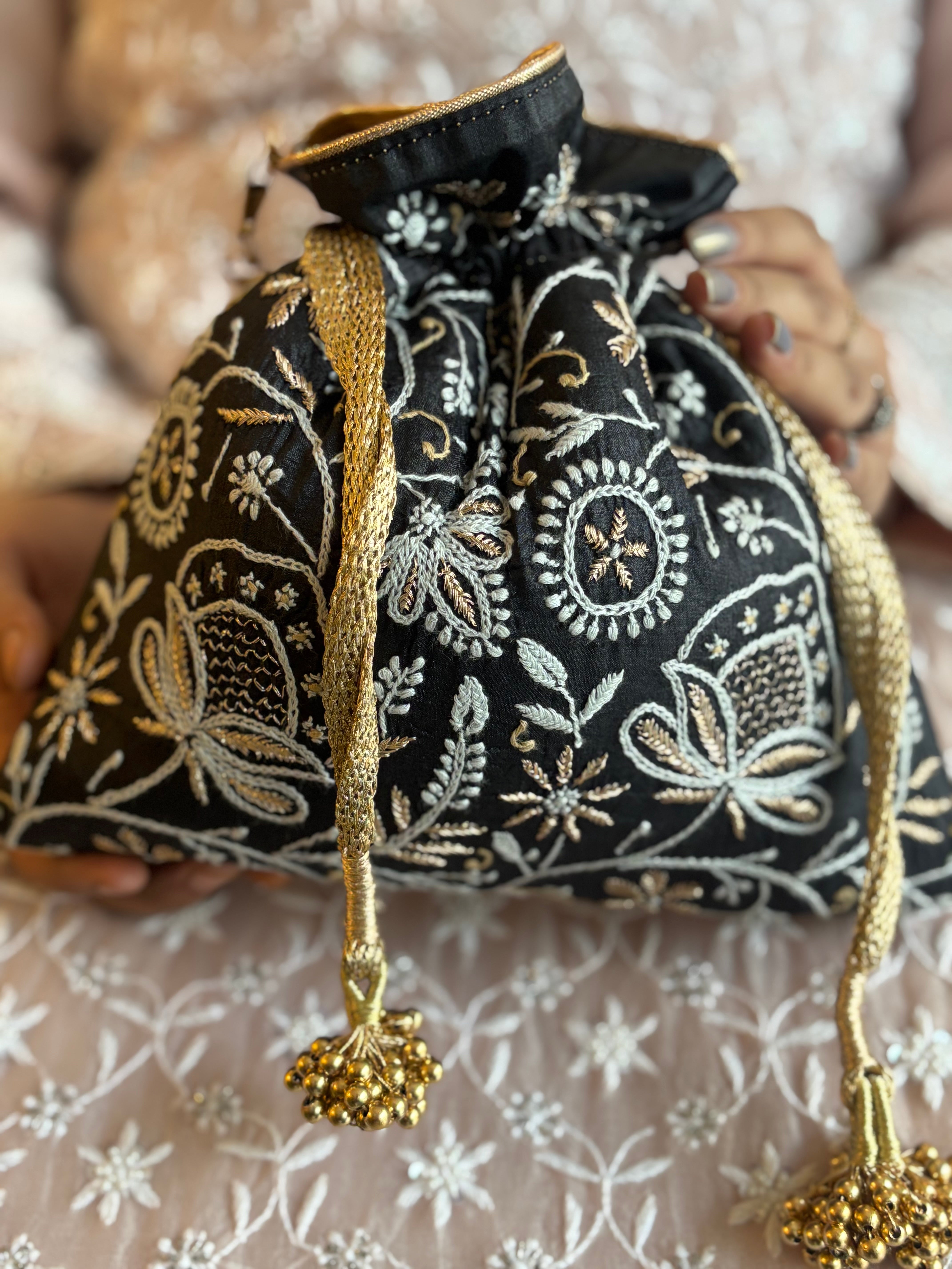 Black Chikankari Potli