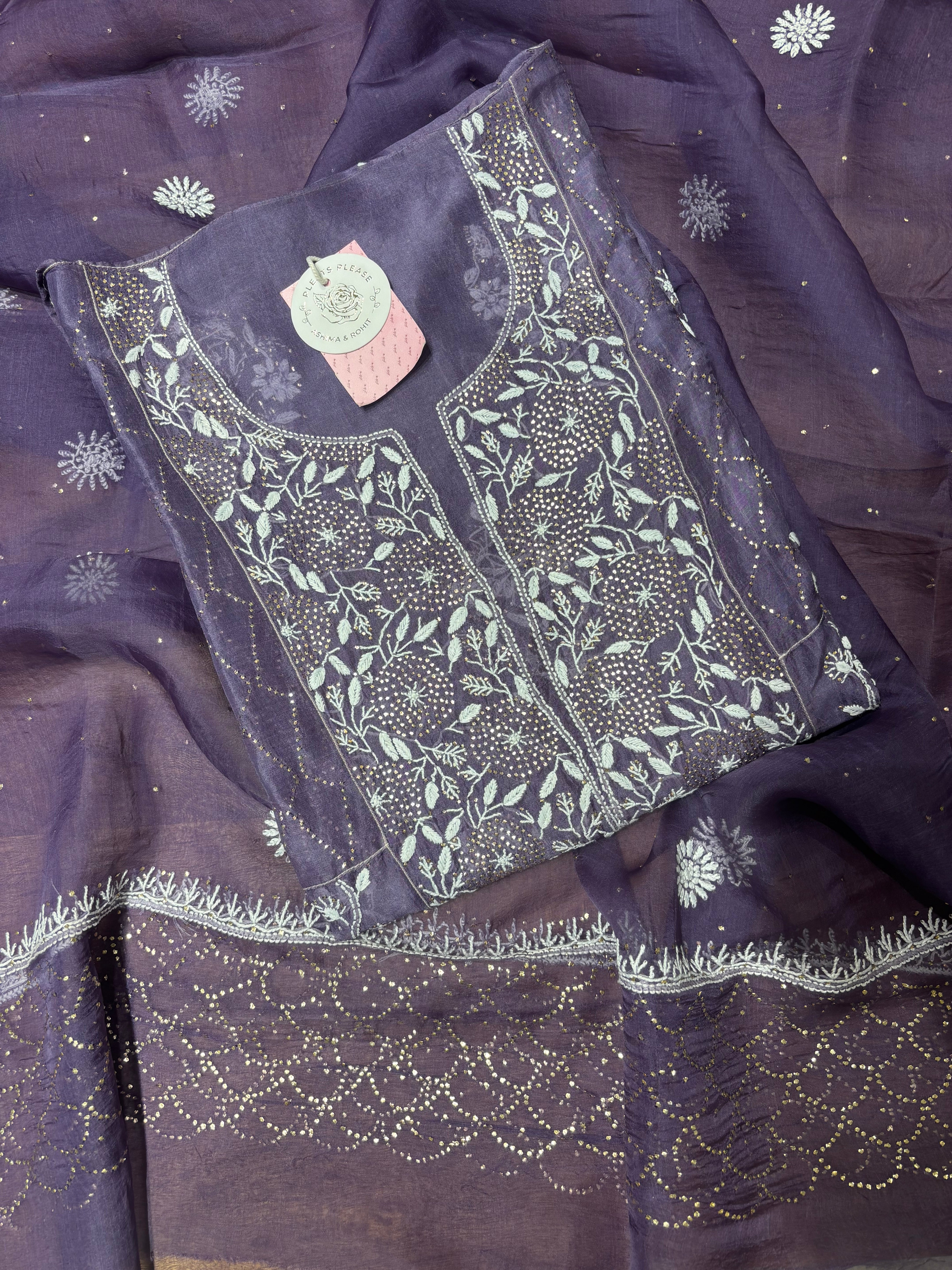 Deep Plum Pure Organza Silk Mukaish & Chikankari Anarkali & Dupatta