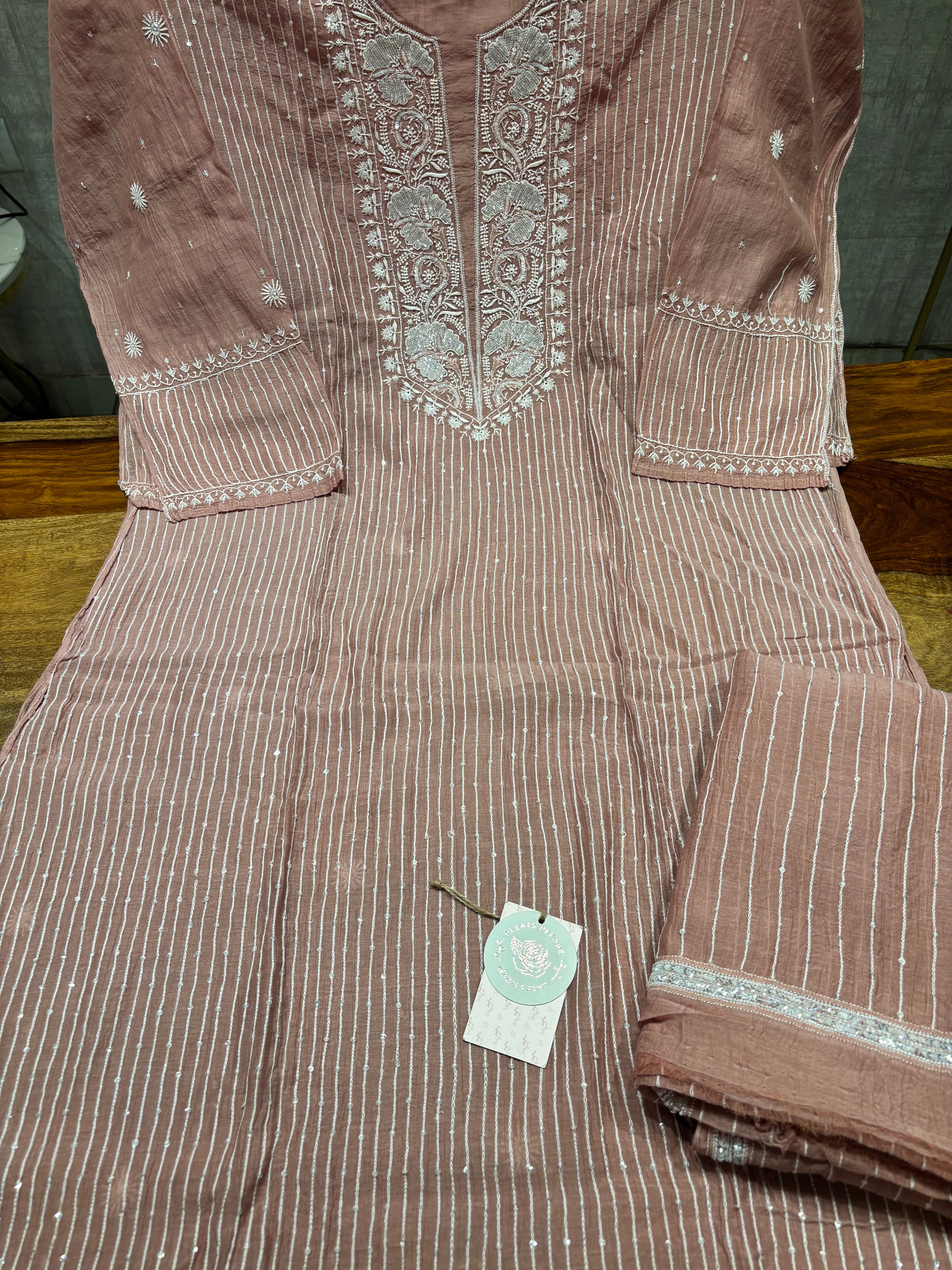 Brown chanderi Mul Chikankari kurta and Dupatta Set