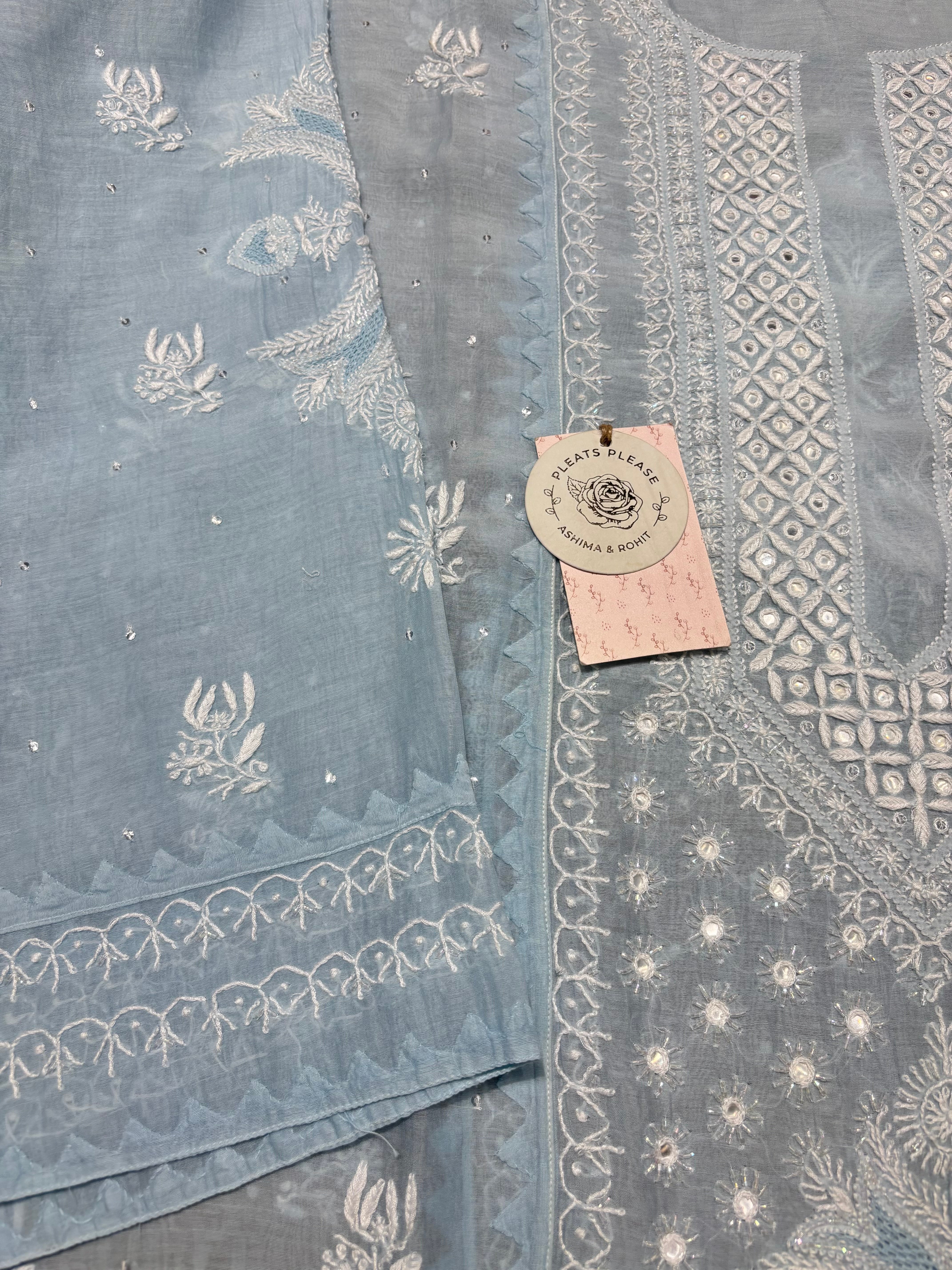 Powder blue chanderi  Mul Chikankari kurta and Dupatta Set