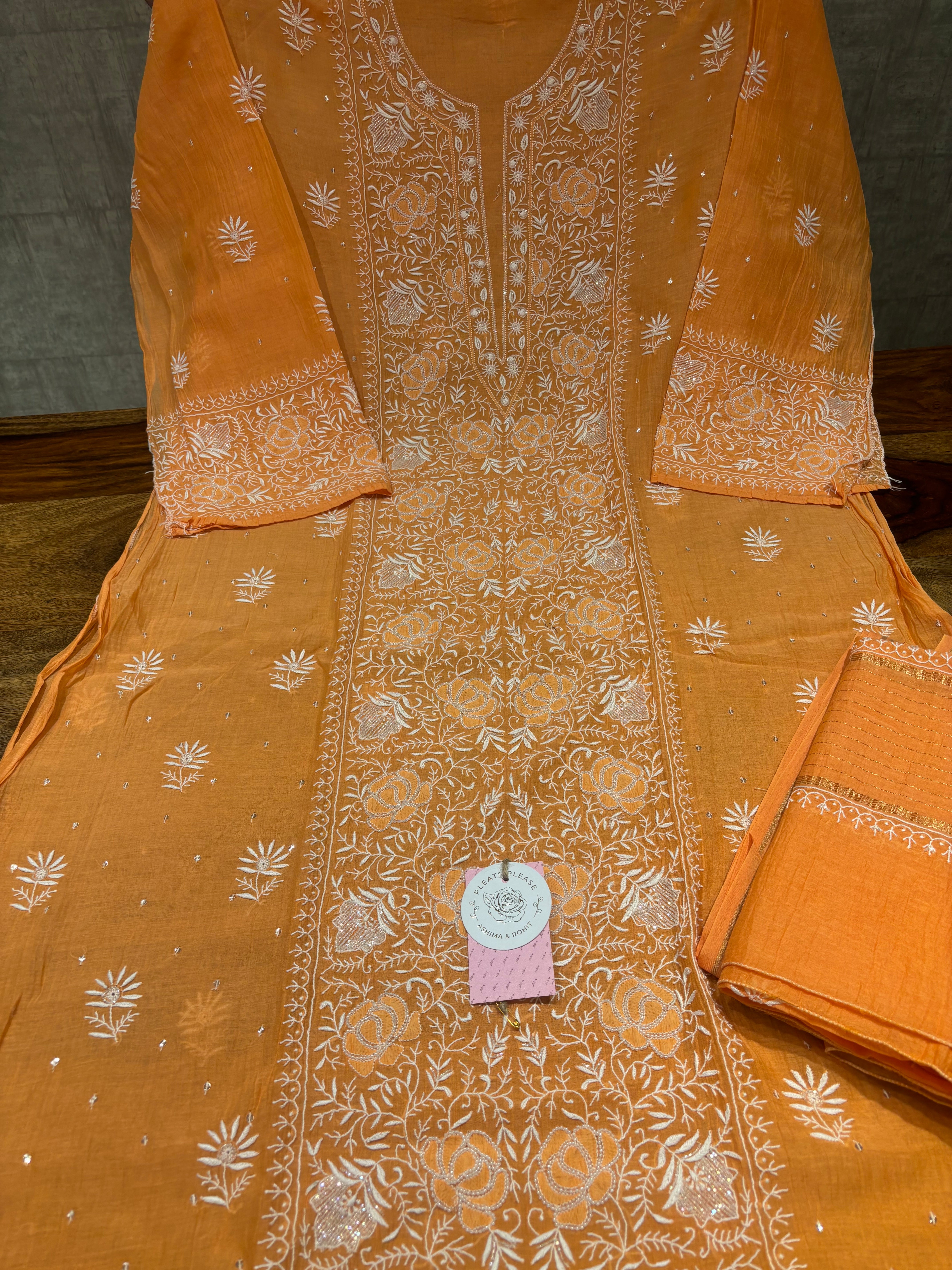 Orange Chanderi Mul Chikankari Kurta and Dupatta Set