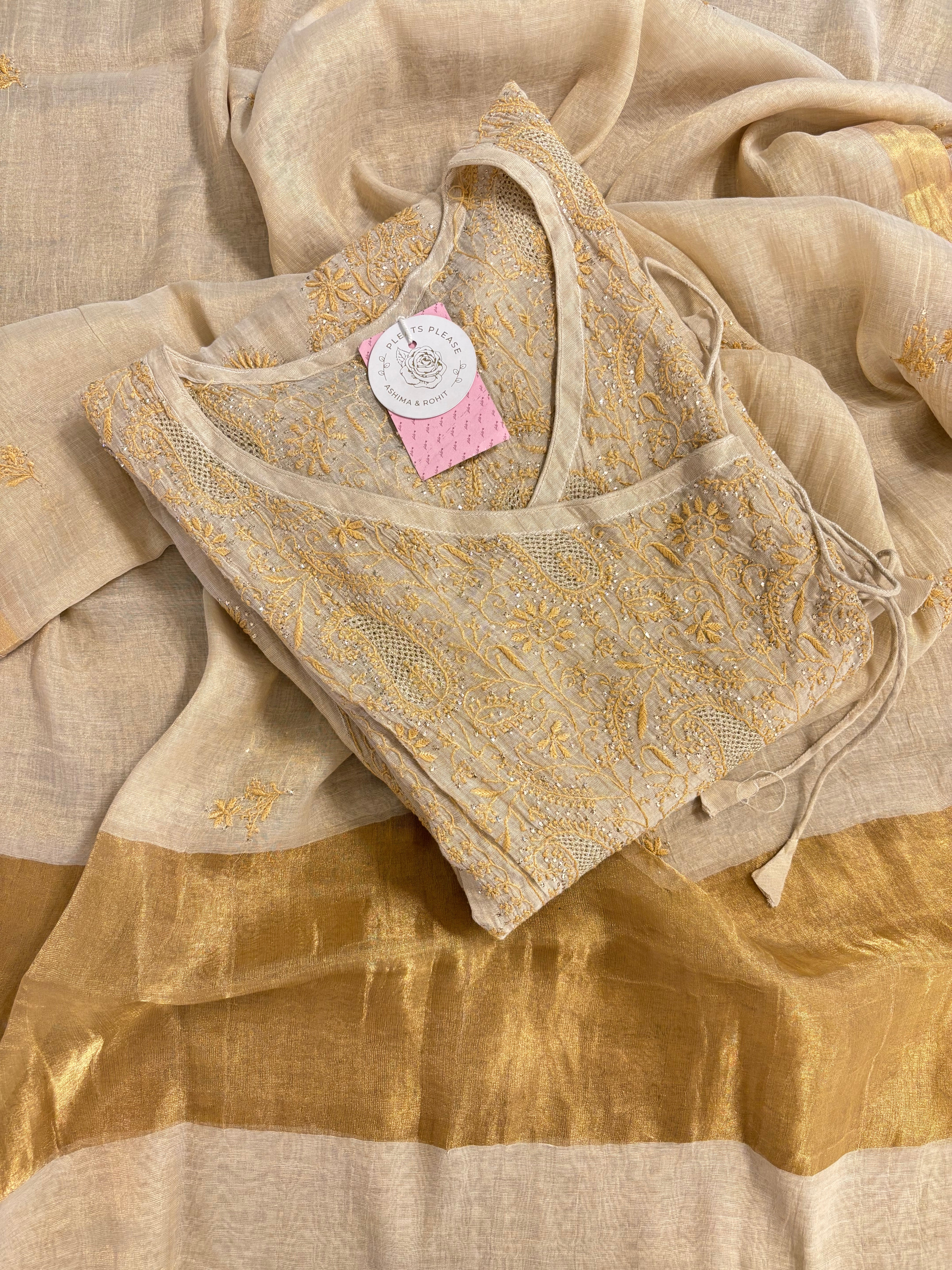 Dyeable Pure & Premium Tissue Mukaish Chikankari Angrakha Kurta & Dupatta