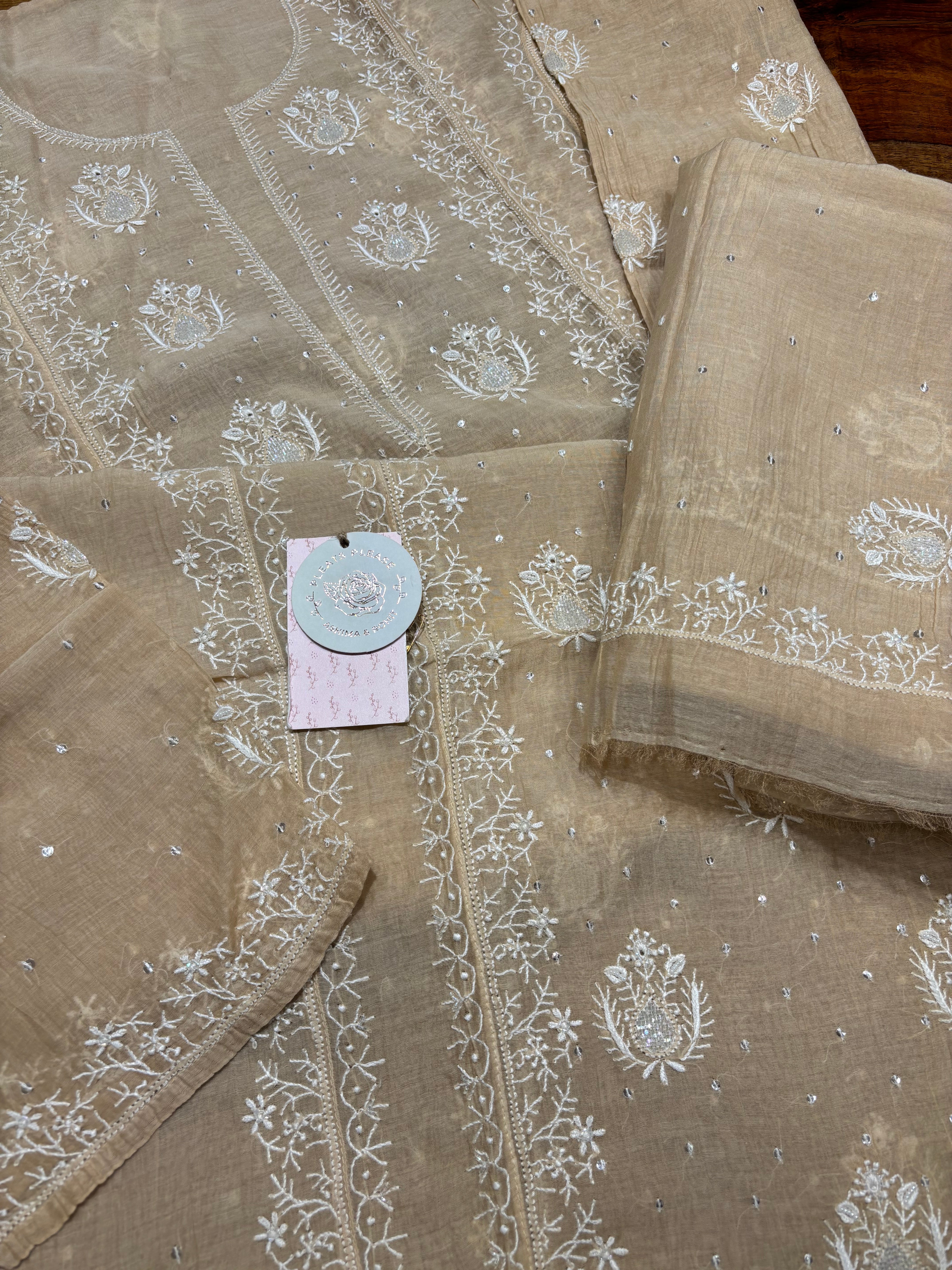 Coffee cream Chanderi Mul Chikankari kurta and Dupatta set
