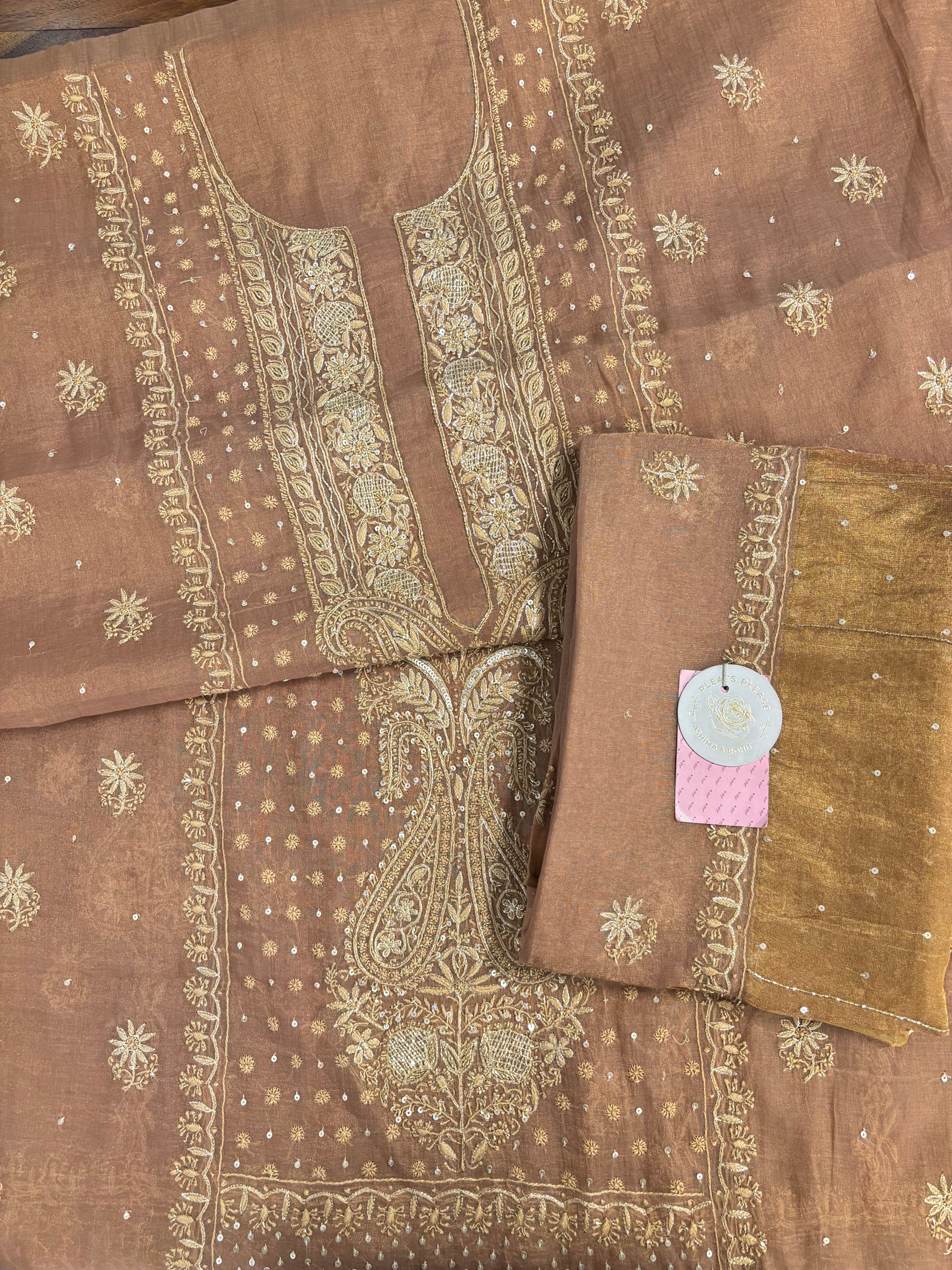 Antique Copper Pure & Premium Tissue Chikankari Kurta & Dupatta