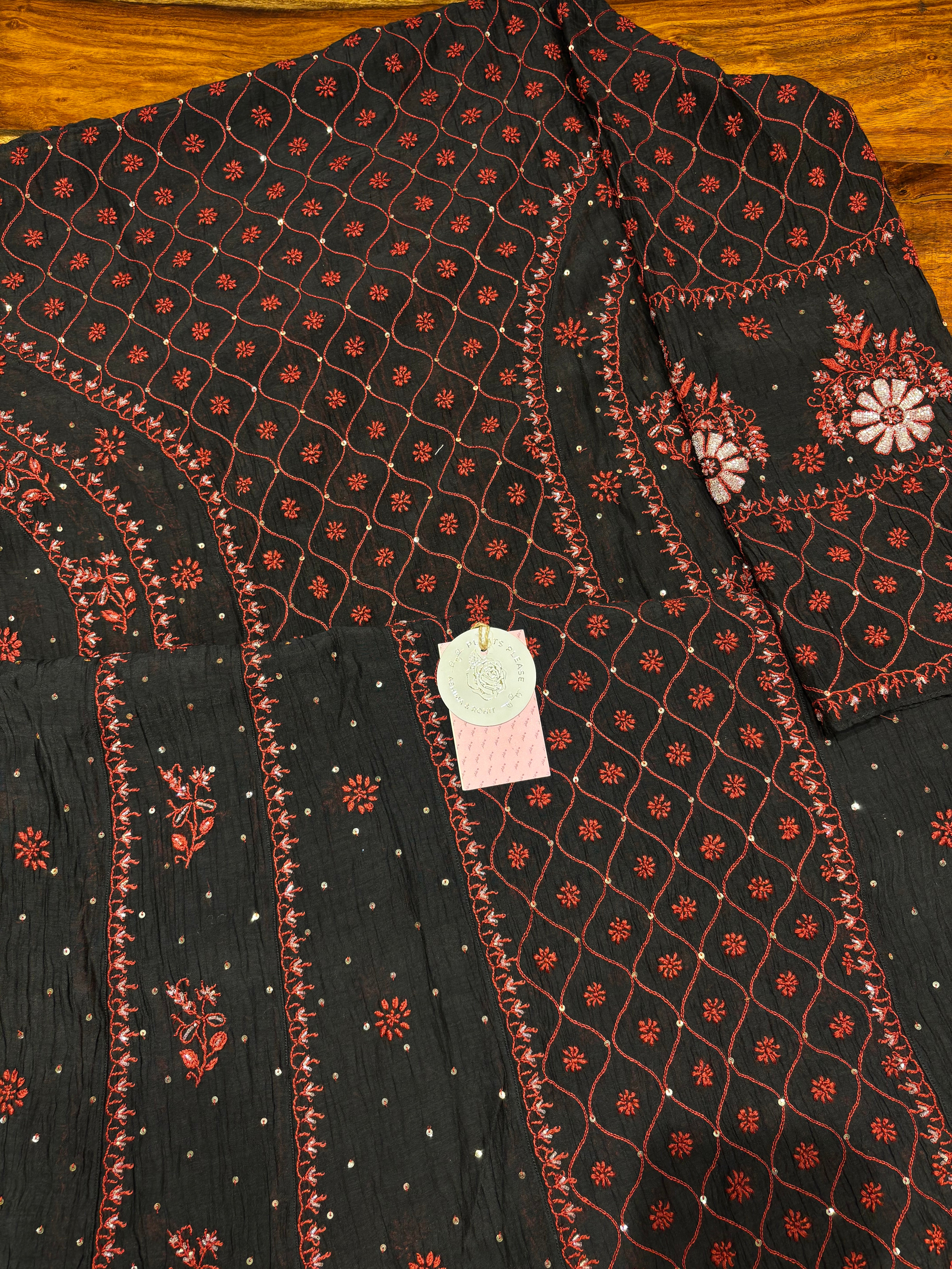 Black Chanderi Mul Chikankari Anarkali & Dupatta Set