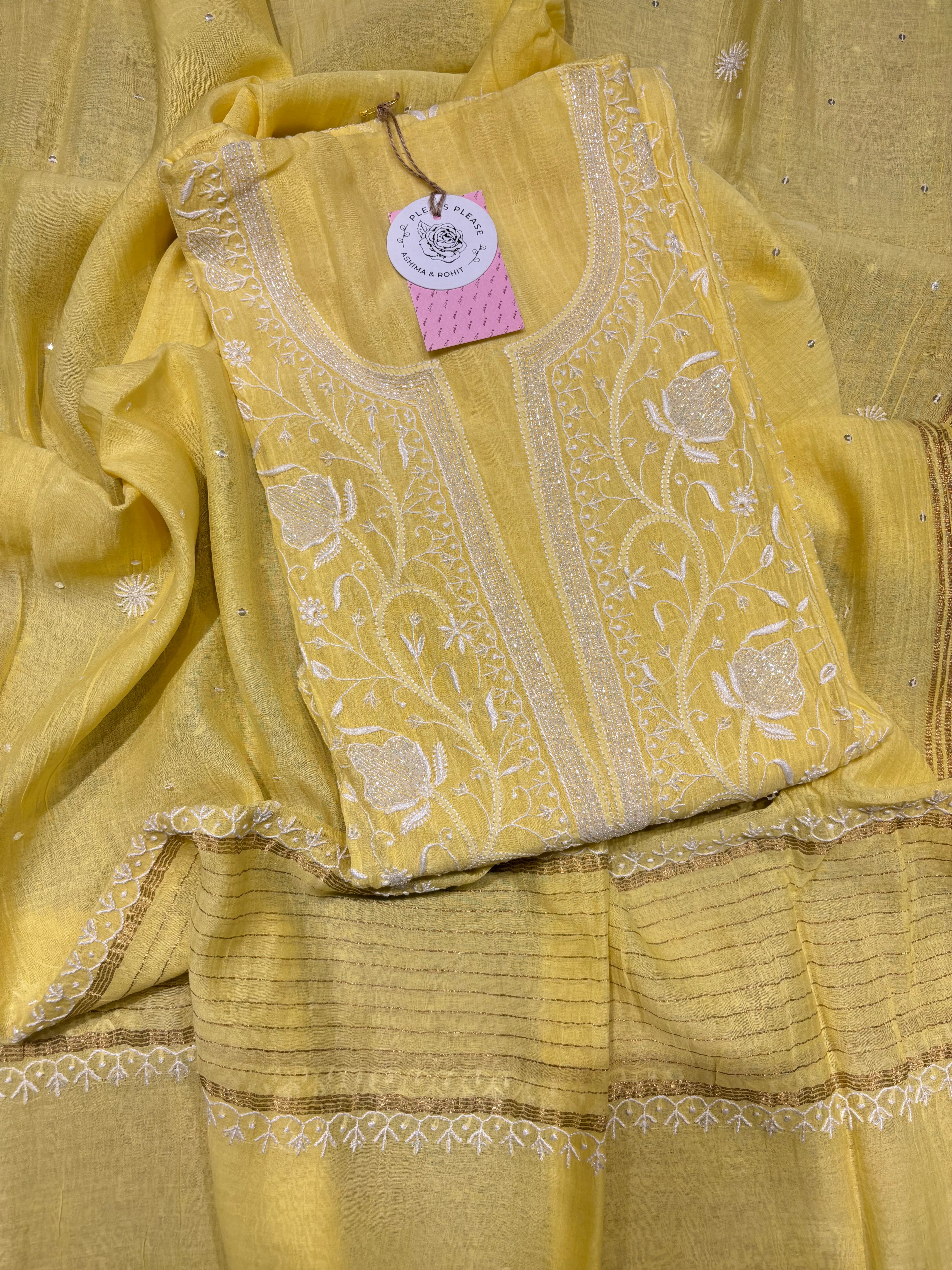 Yellow Chanderi Mul Chikankari Kurta & Dupatta Set