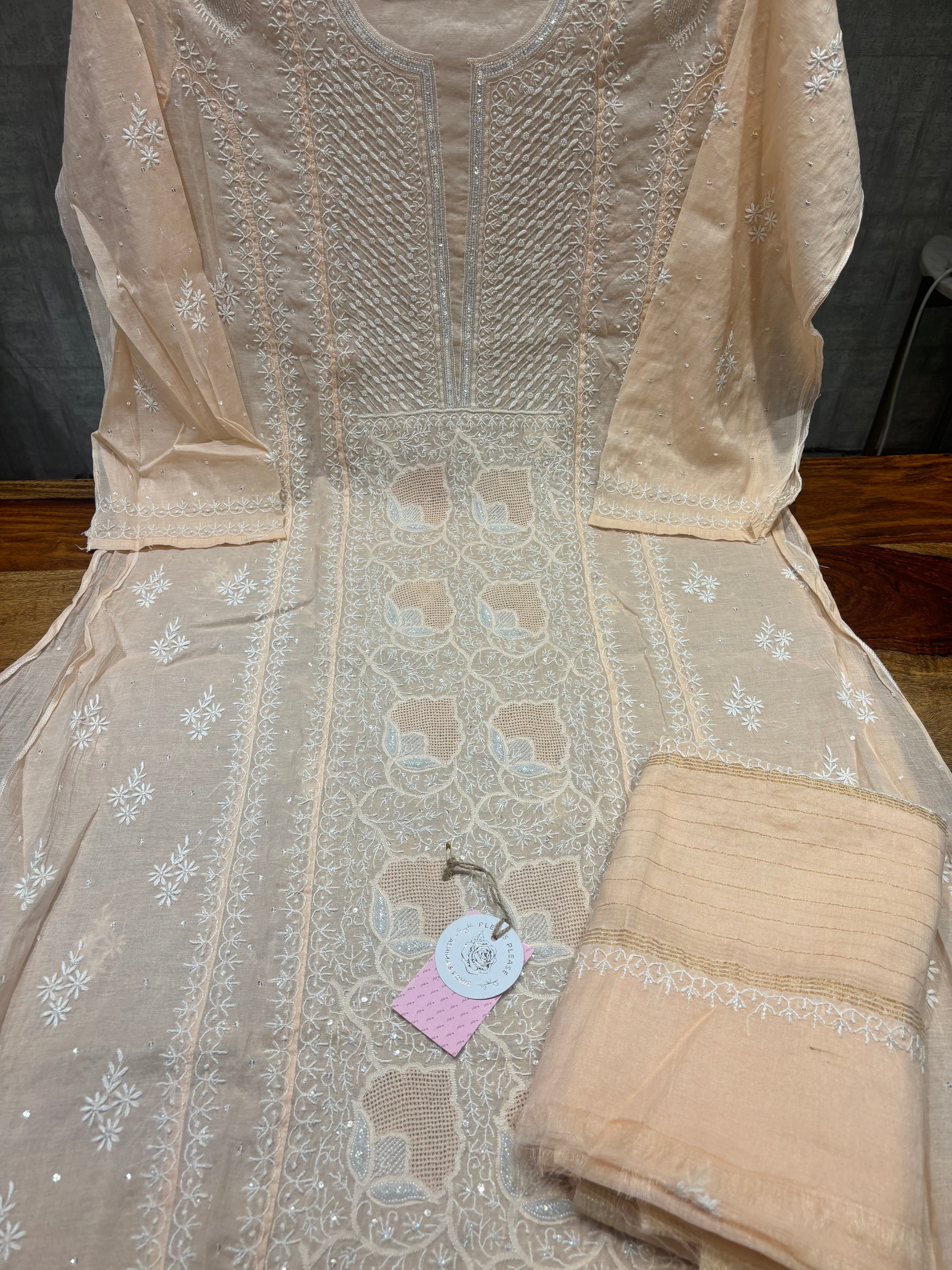 Soft Peach Chanderi Mul Chikankari Kurta and Dupatta Set