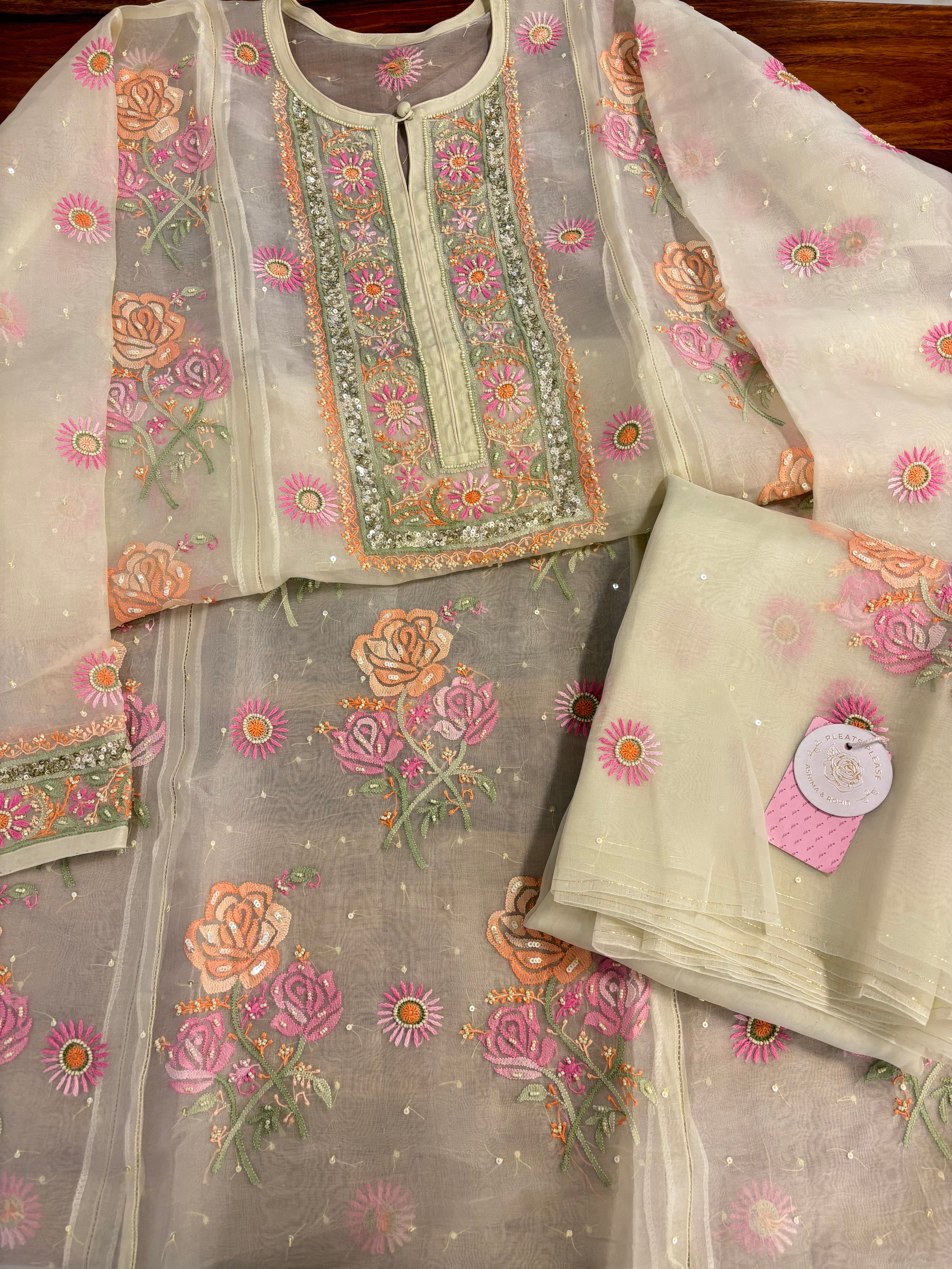 Pistachio Pure Organza Silk Chikankari Kurta & Dupatta