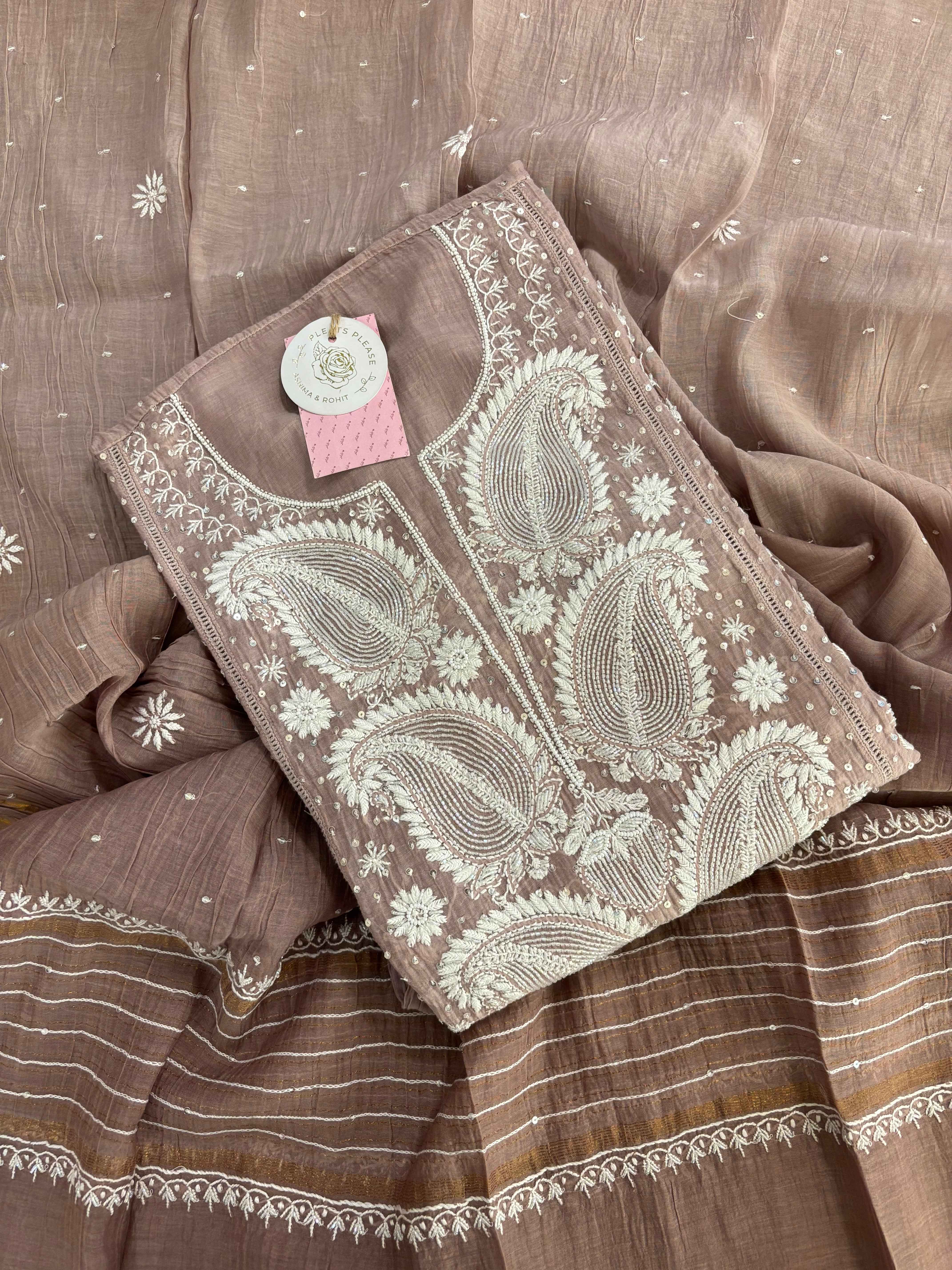 Earthy Brown Ombré Chanderi Chikankari Kurta & Dupatta