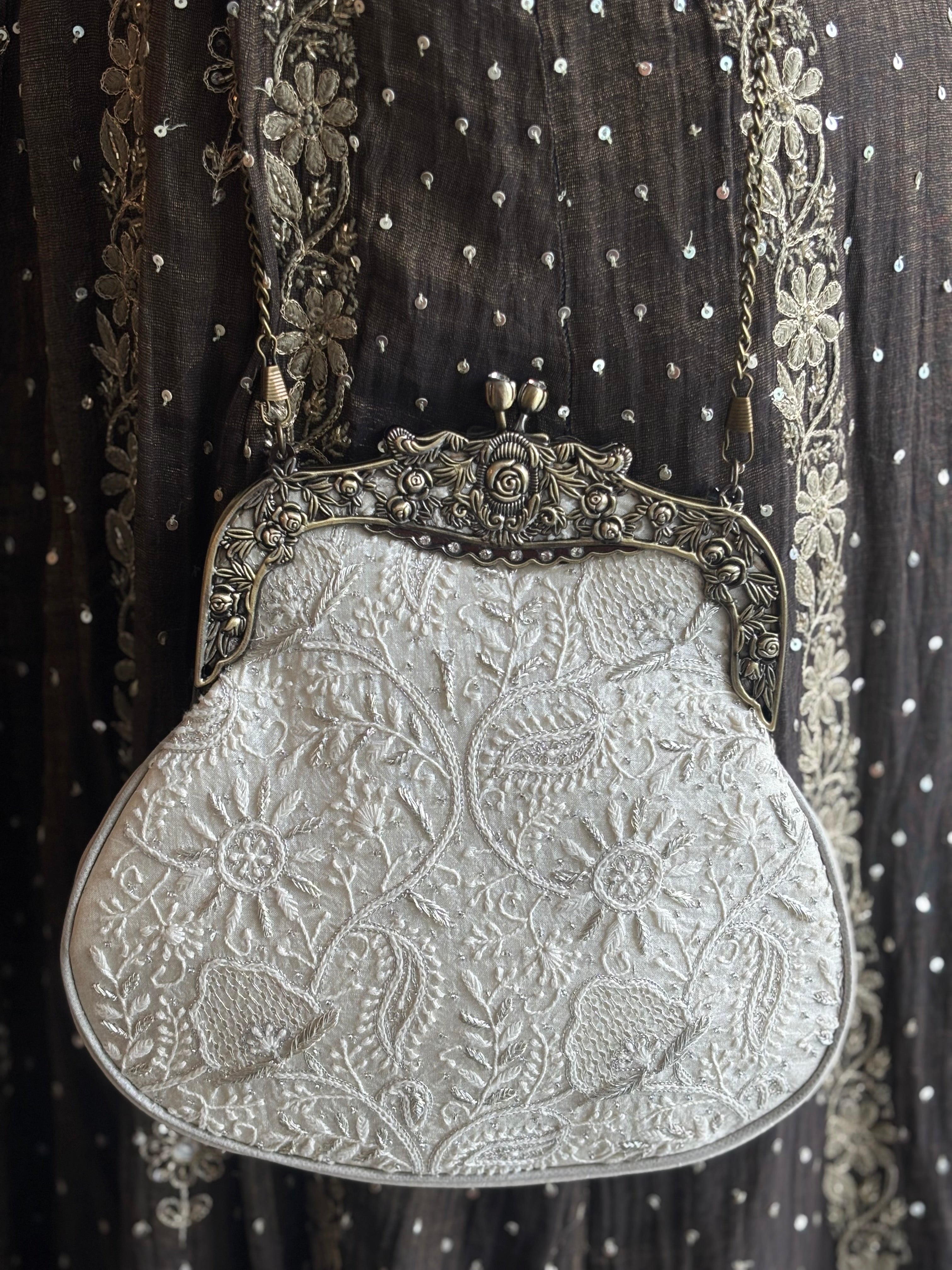 Silver Silk Chikankari Clutch