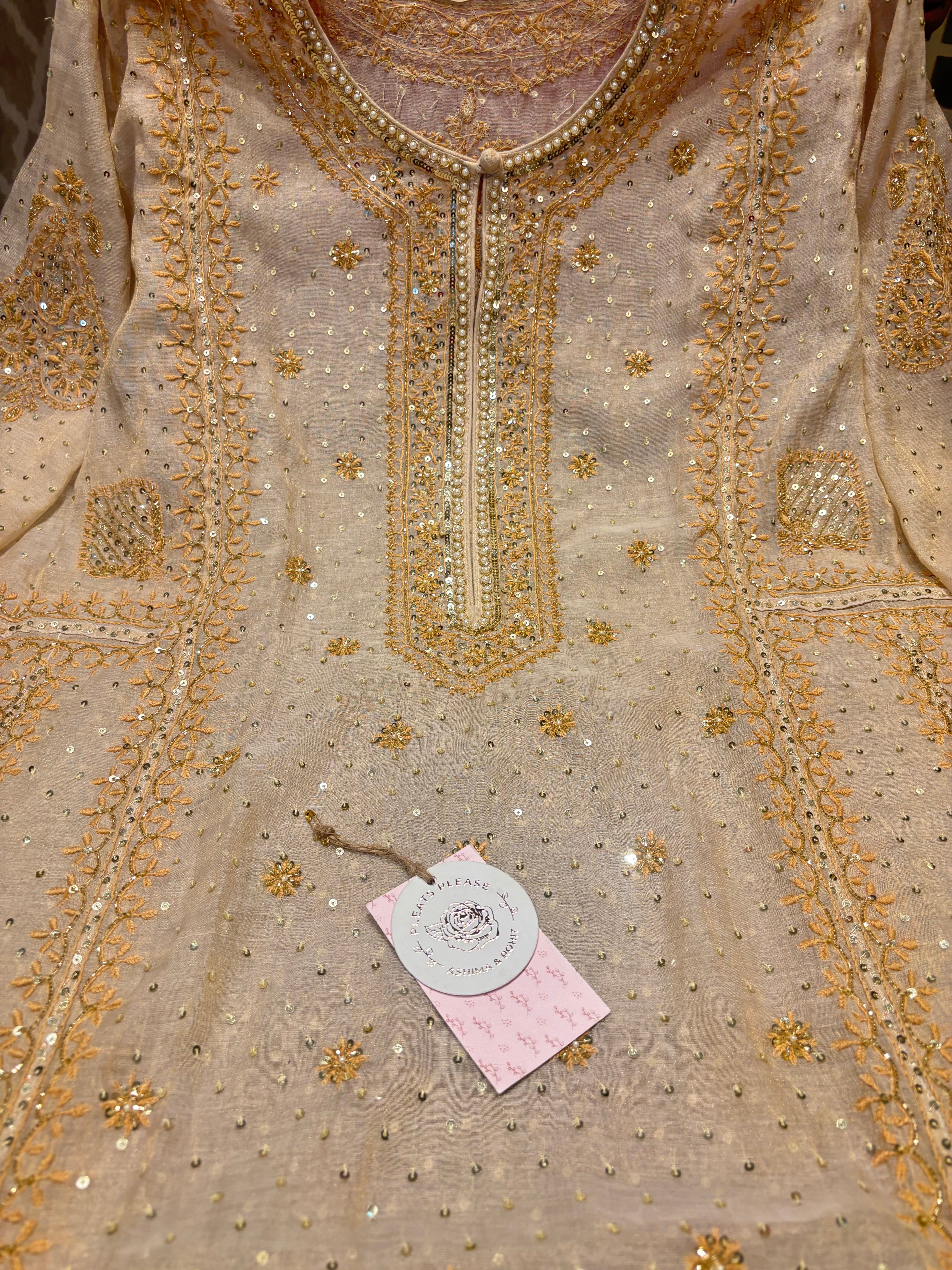 Dyeable Golden Pure Tissue Chikankari A line Anarkali and Dupatta Pearl Neckline