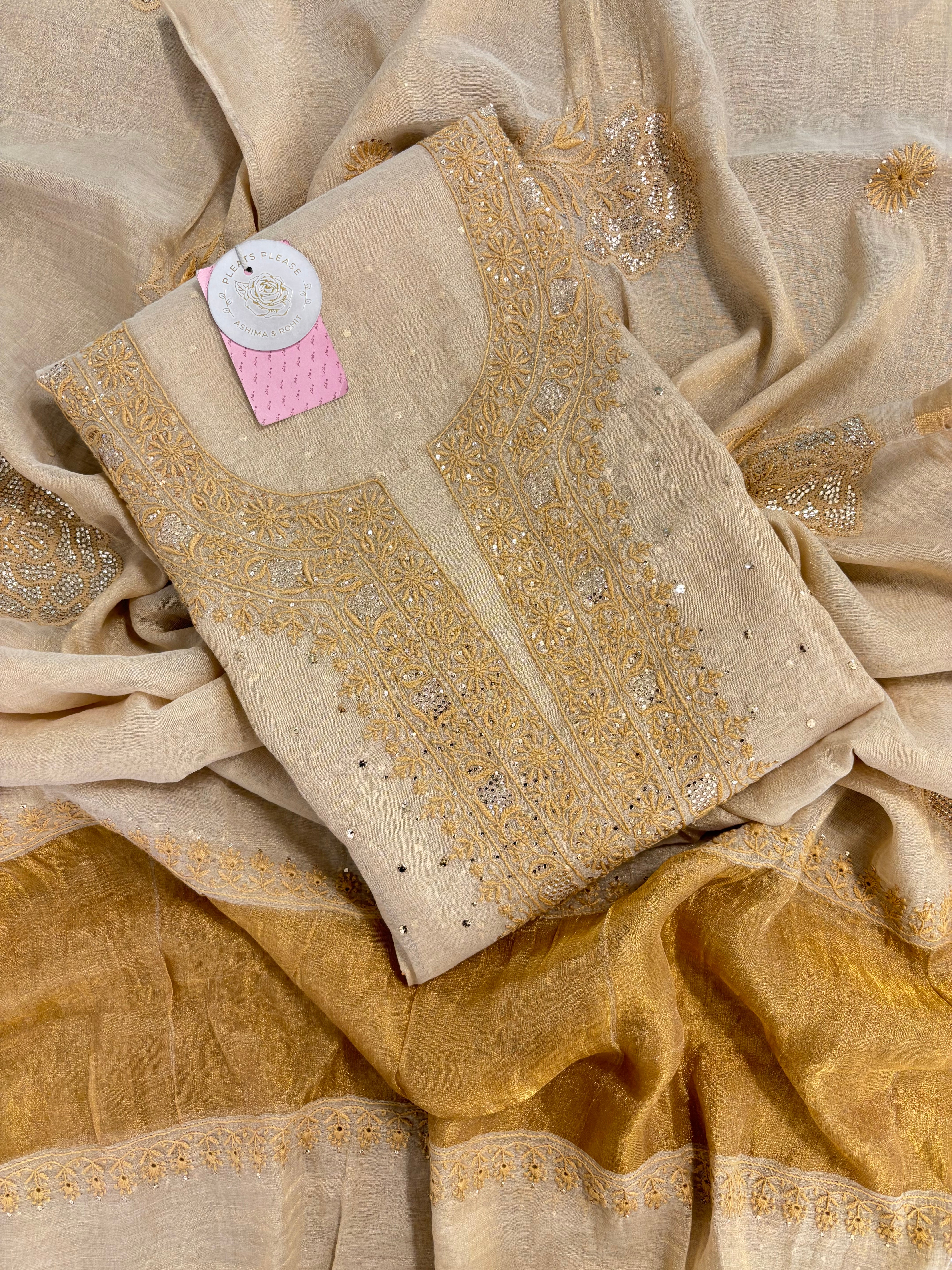 Dyeable Pure & Premium Tissue Mukaish Chikankari Kurta & Dupatta - Pleats PleaseChikankari