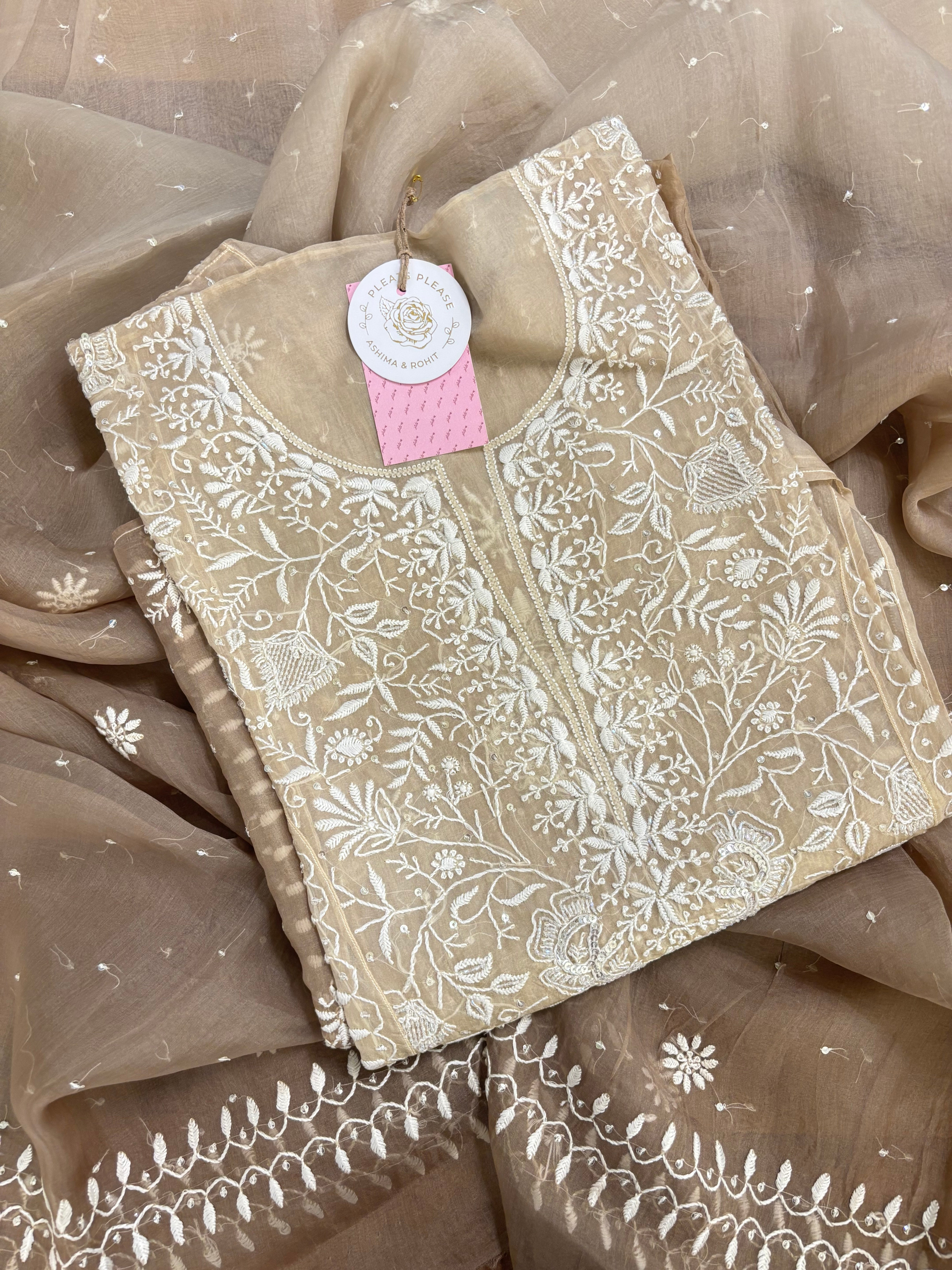 Brown Ombré Organza Silk Chikankari Kurta & Dupatta