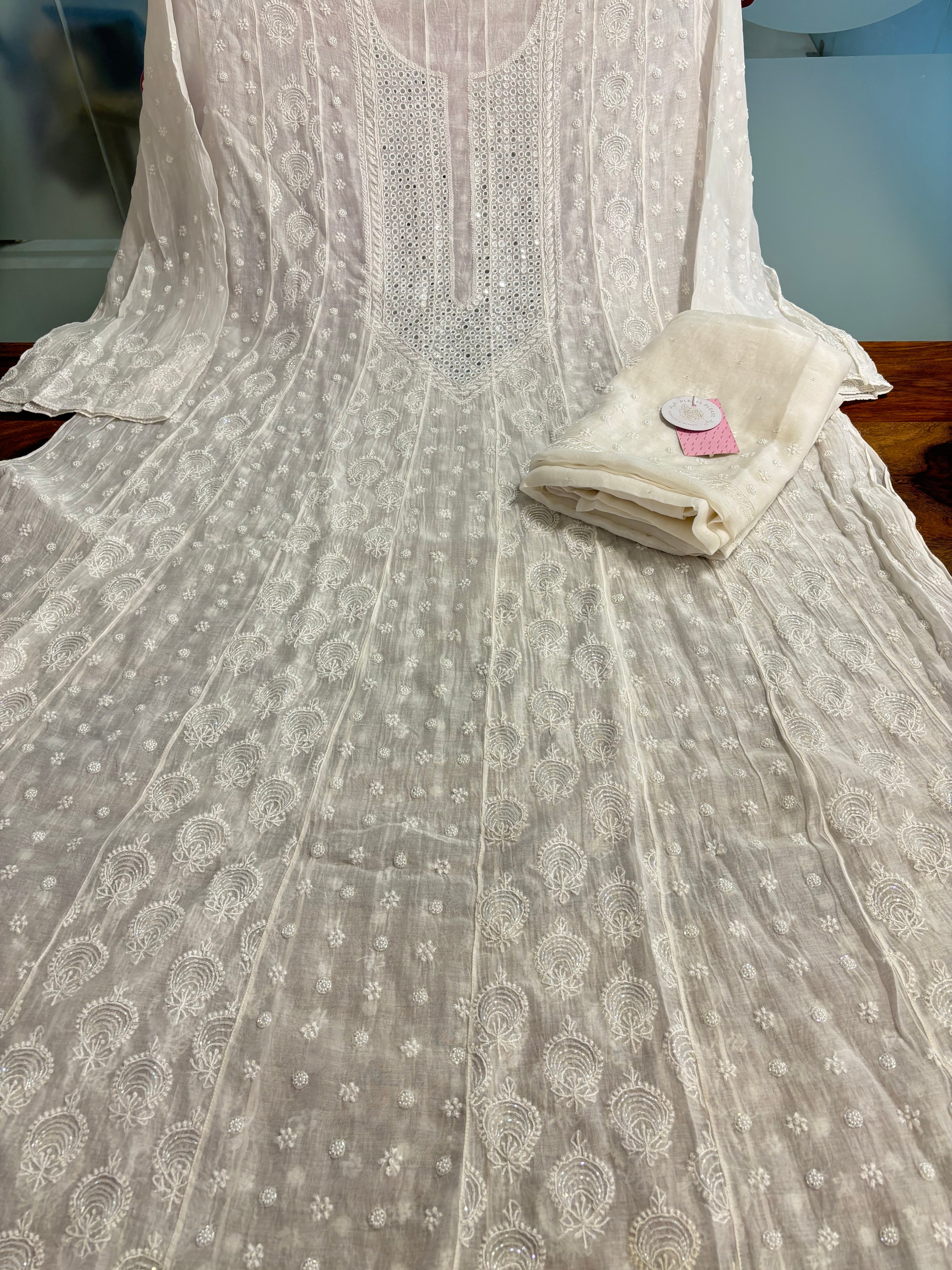 Dyeable Chanderi Mirror Chikankari Anarkali & Dupatta Set - Pleats PleaseChikankari