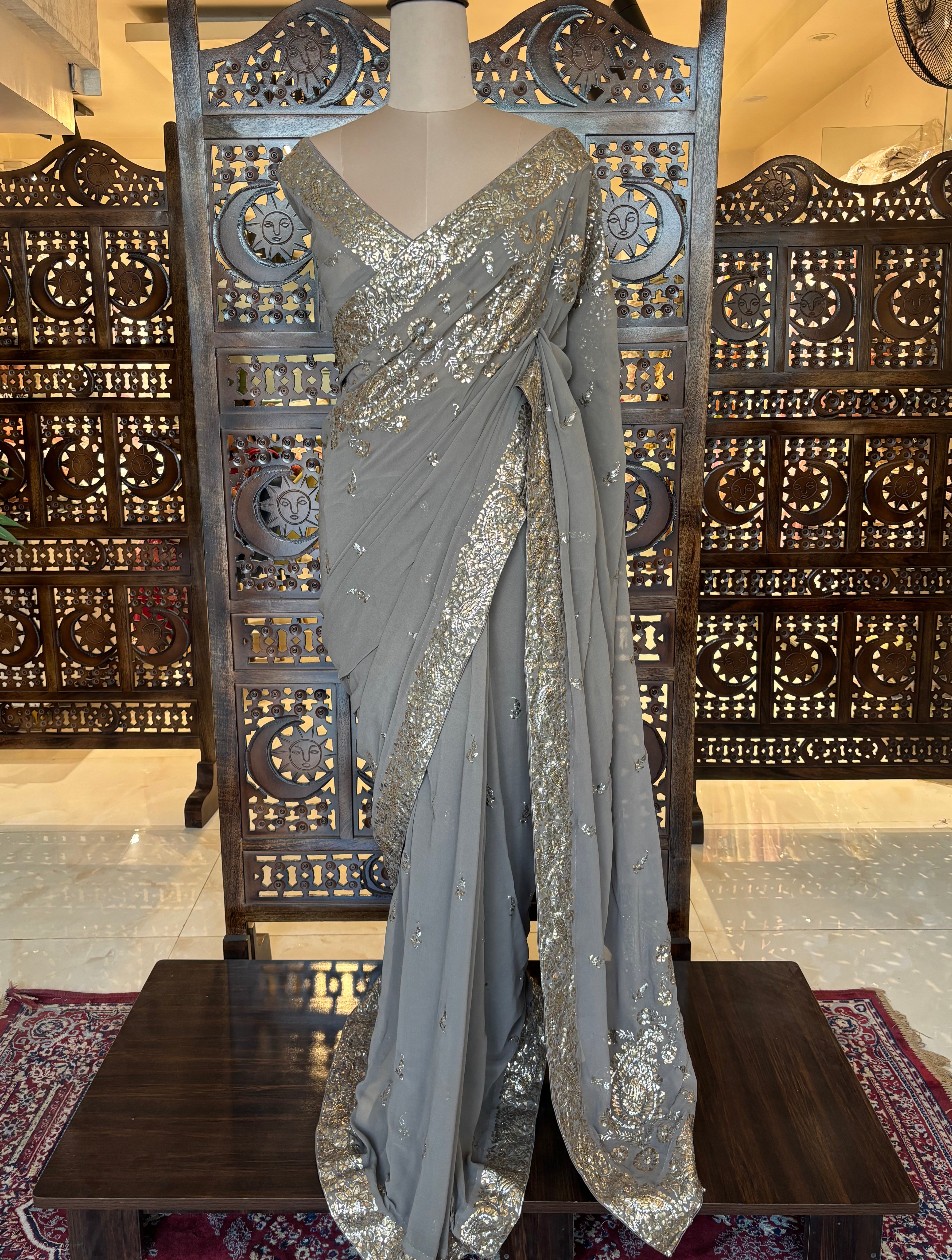 Ash brown Pure & Premium Georgette Badla Mukaish Saree & Blouse