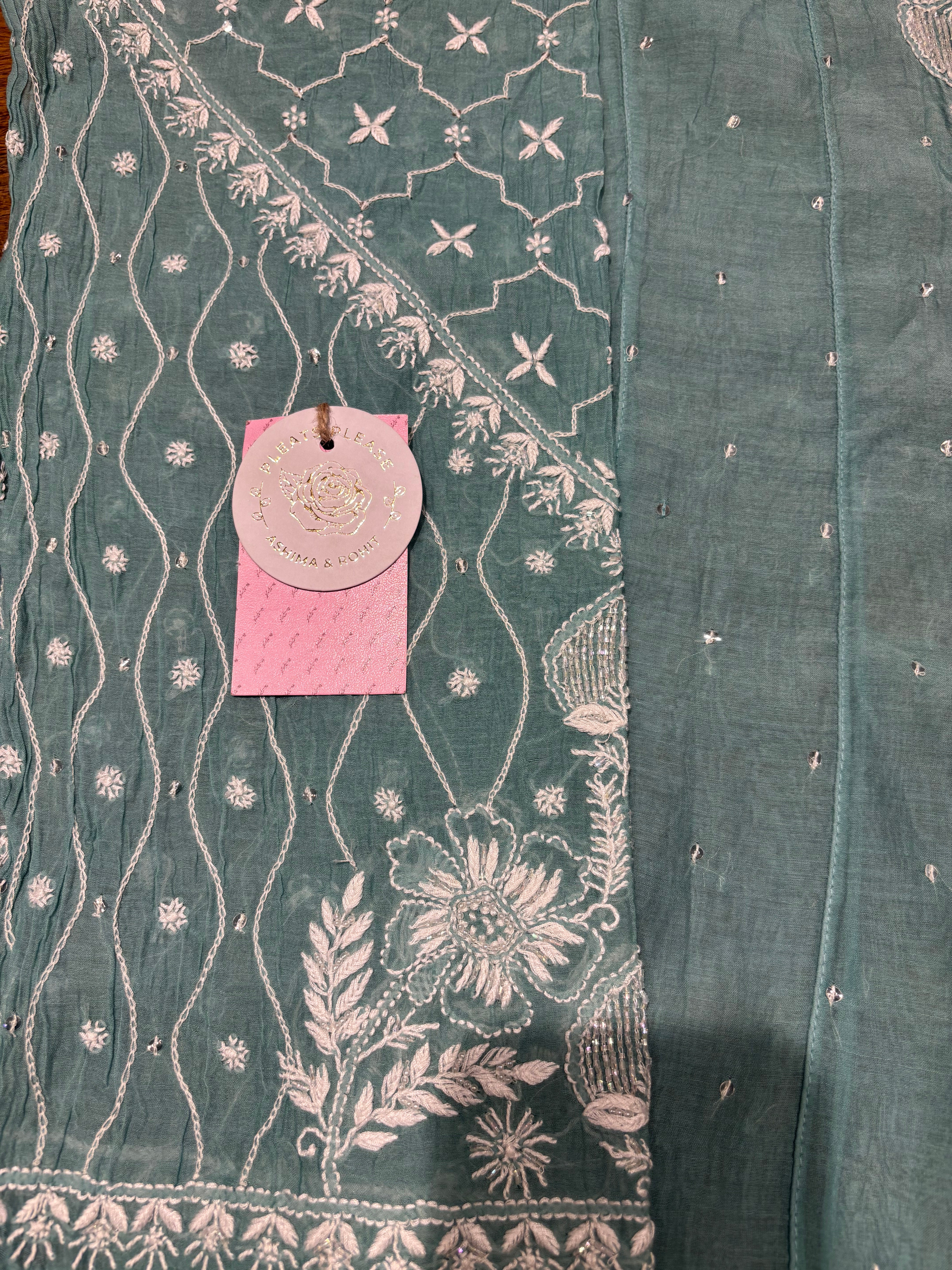 Turquoise Green Chanderi Mul Chikankari Anarkali & Dupatta Set