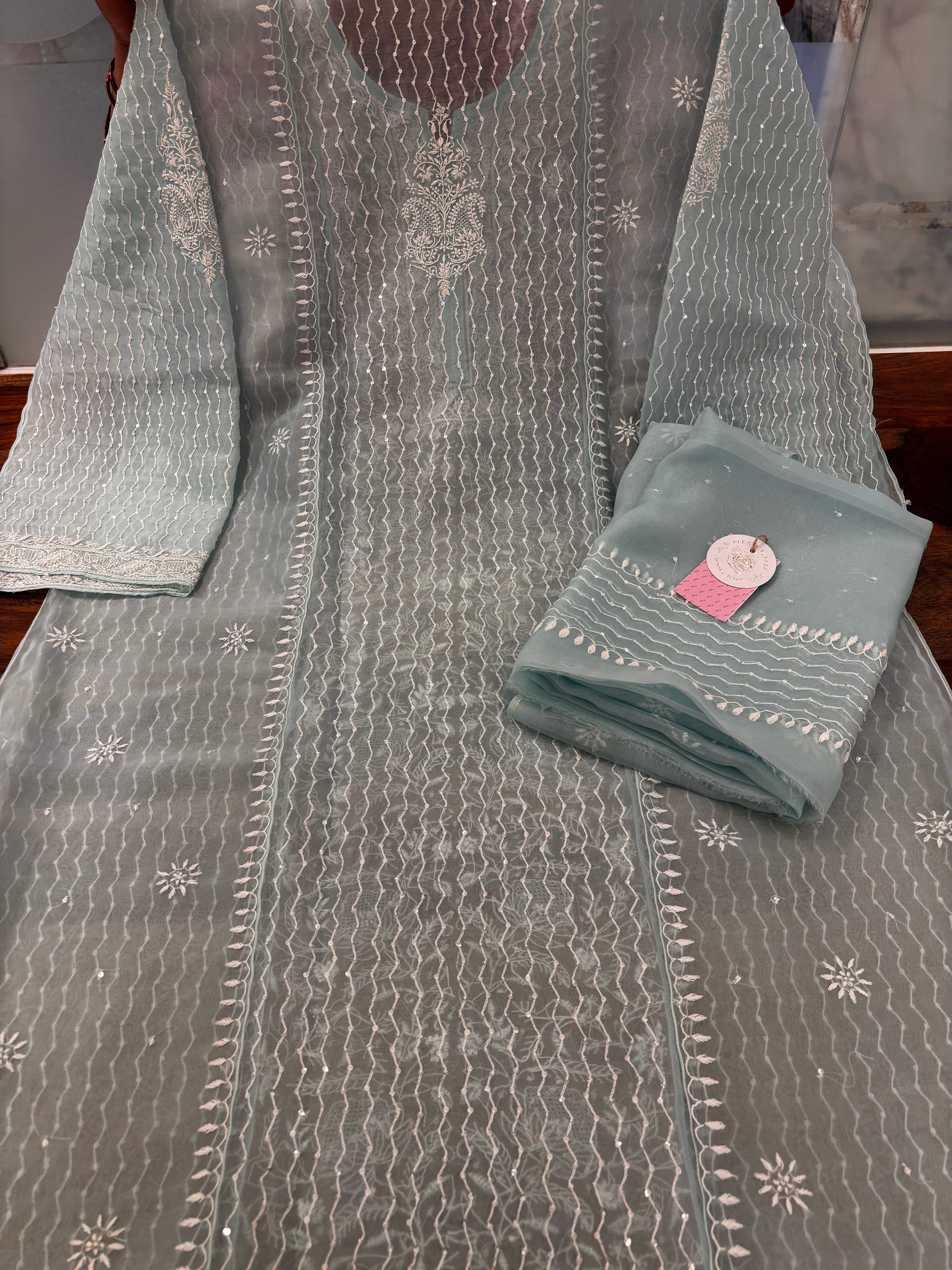 Mint Green Pure Organza Chikankari Kurta & Dupatta - Pleats PleaseChikankari