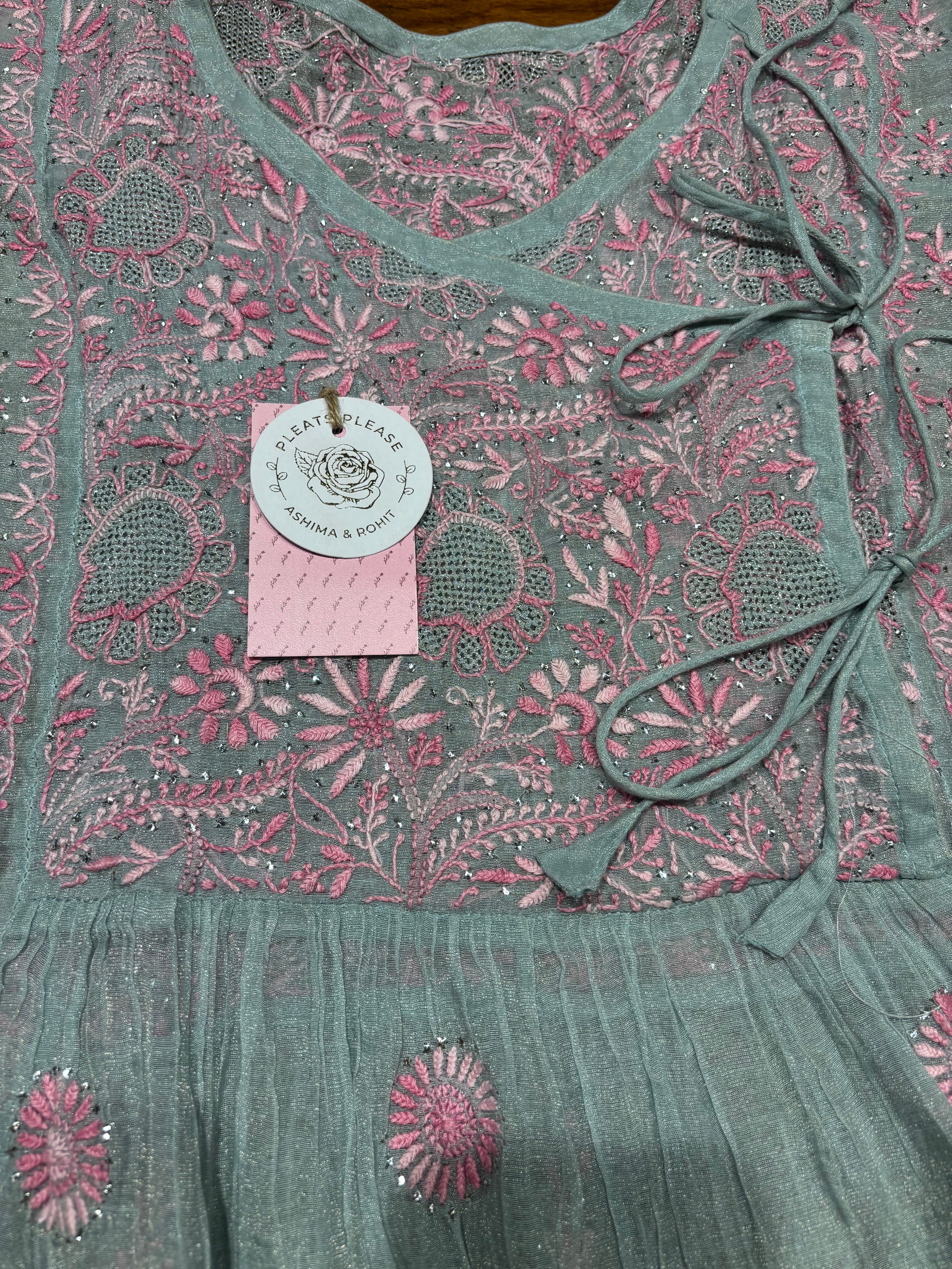Powder Blue Pure and Premium Tissue Chikankari &Mukaish Angrakha  Kurta and Dupatta Set