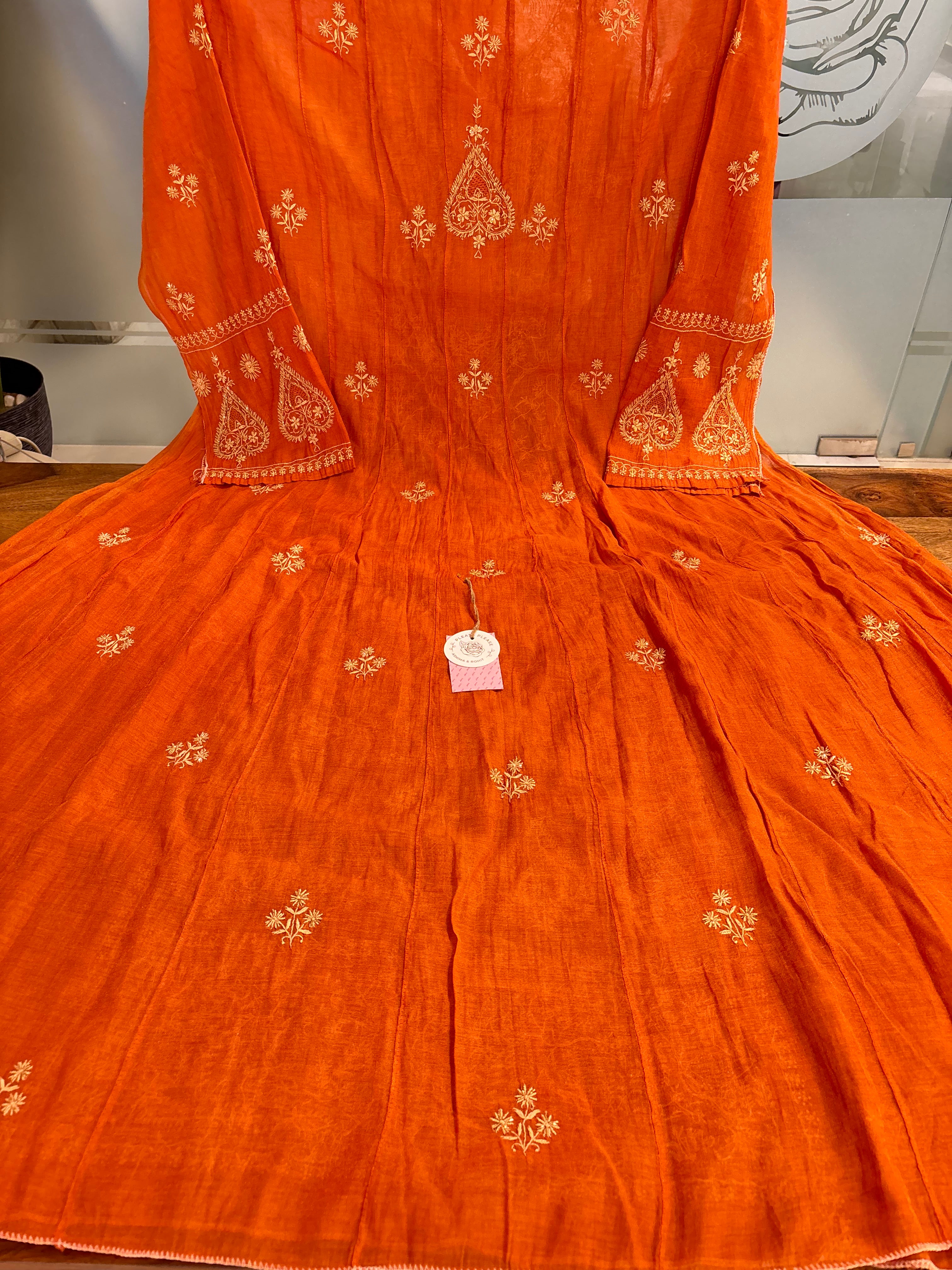 Orange Chanderi Chikankari Kurta Dupatta Set