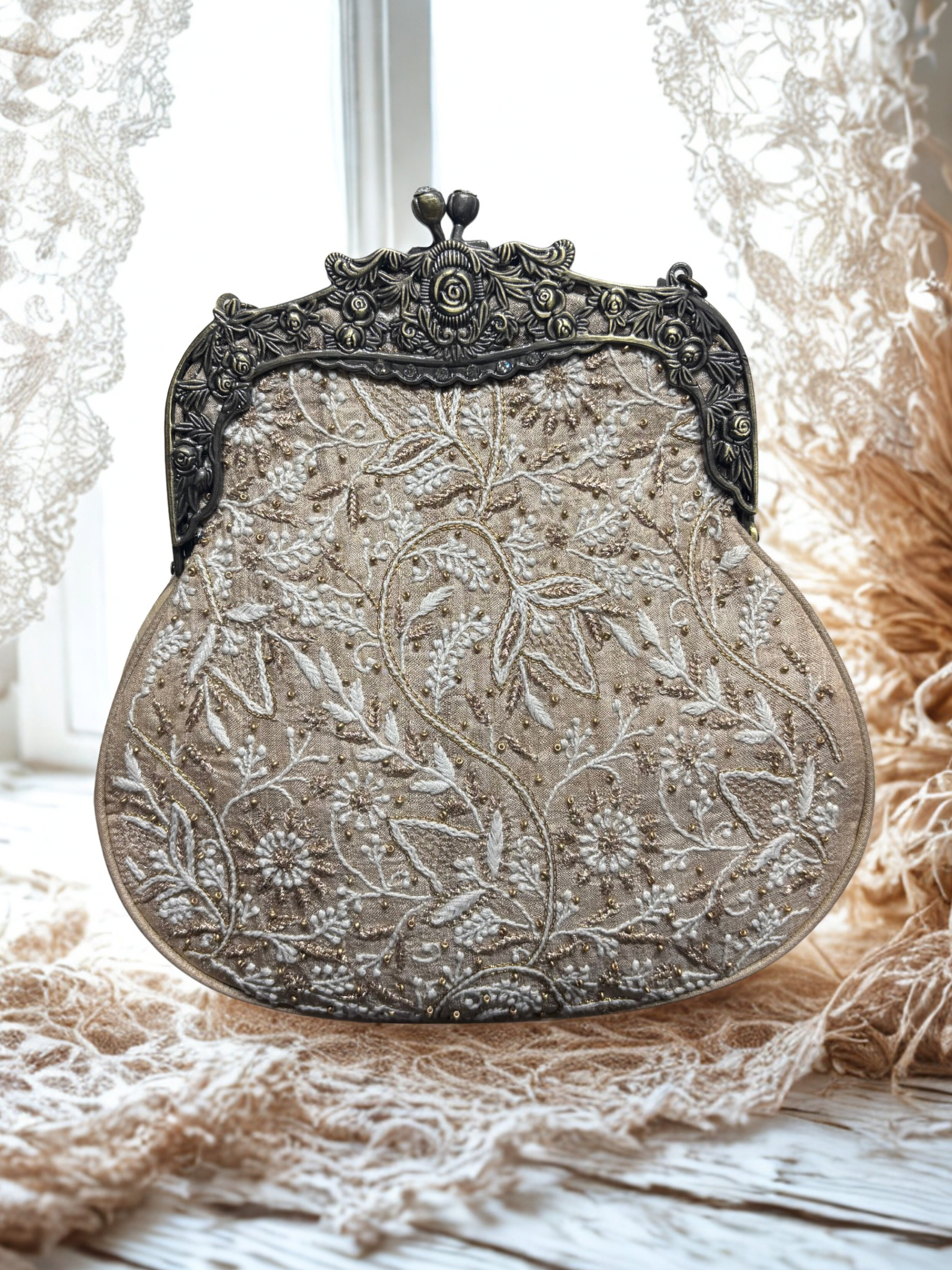 Beige Chikankari Clutch