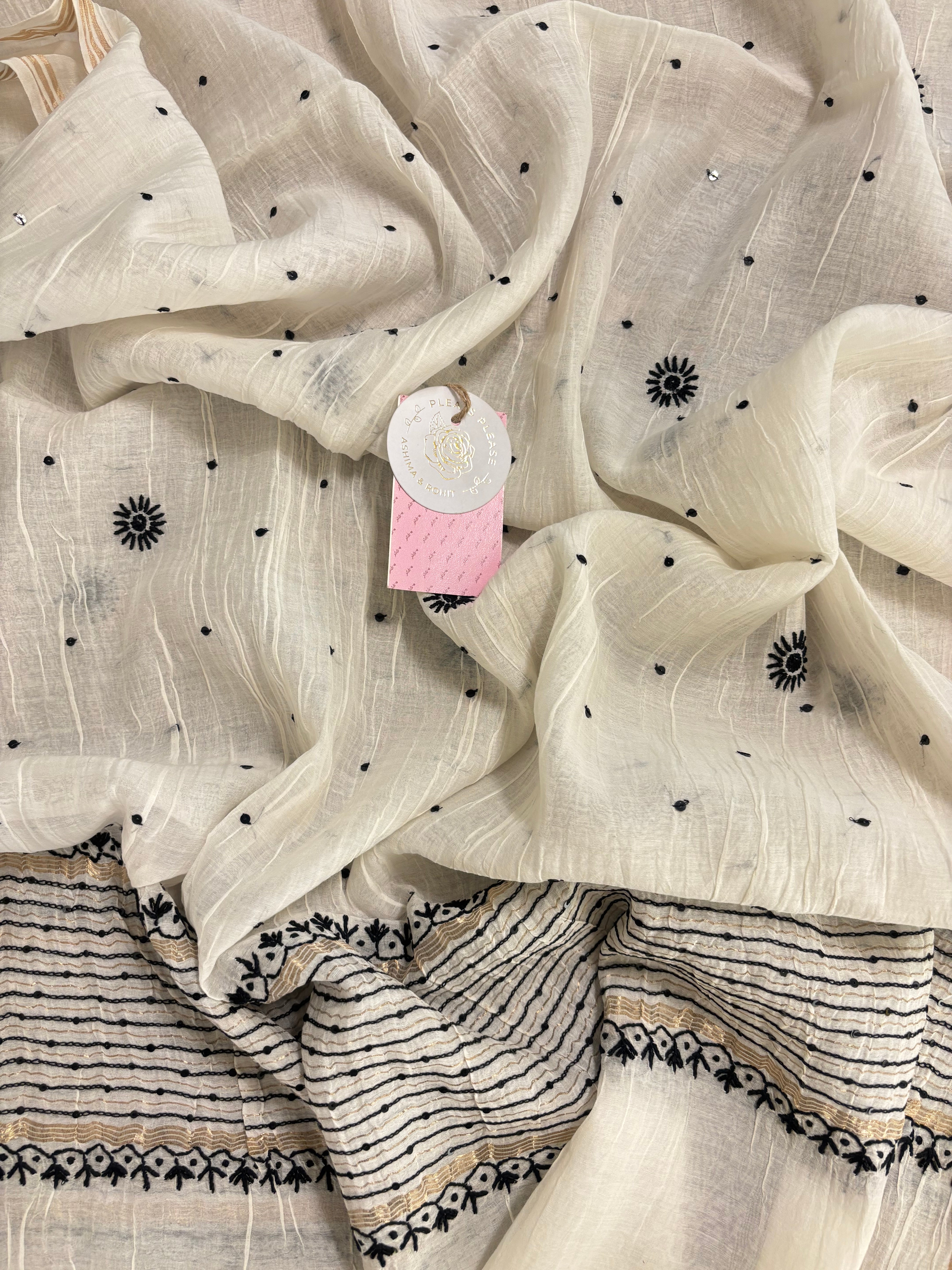 Dyeable  Black & White Chanderi Chikankari Kurta & Dupatta