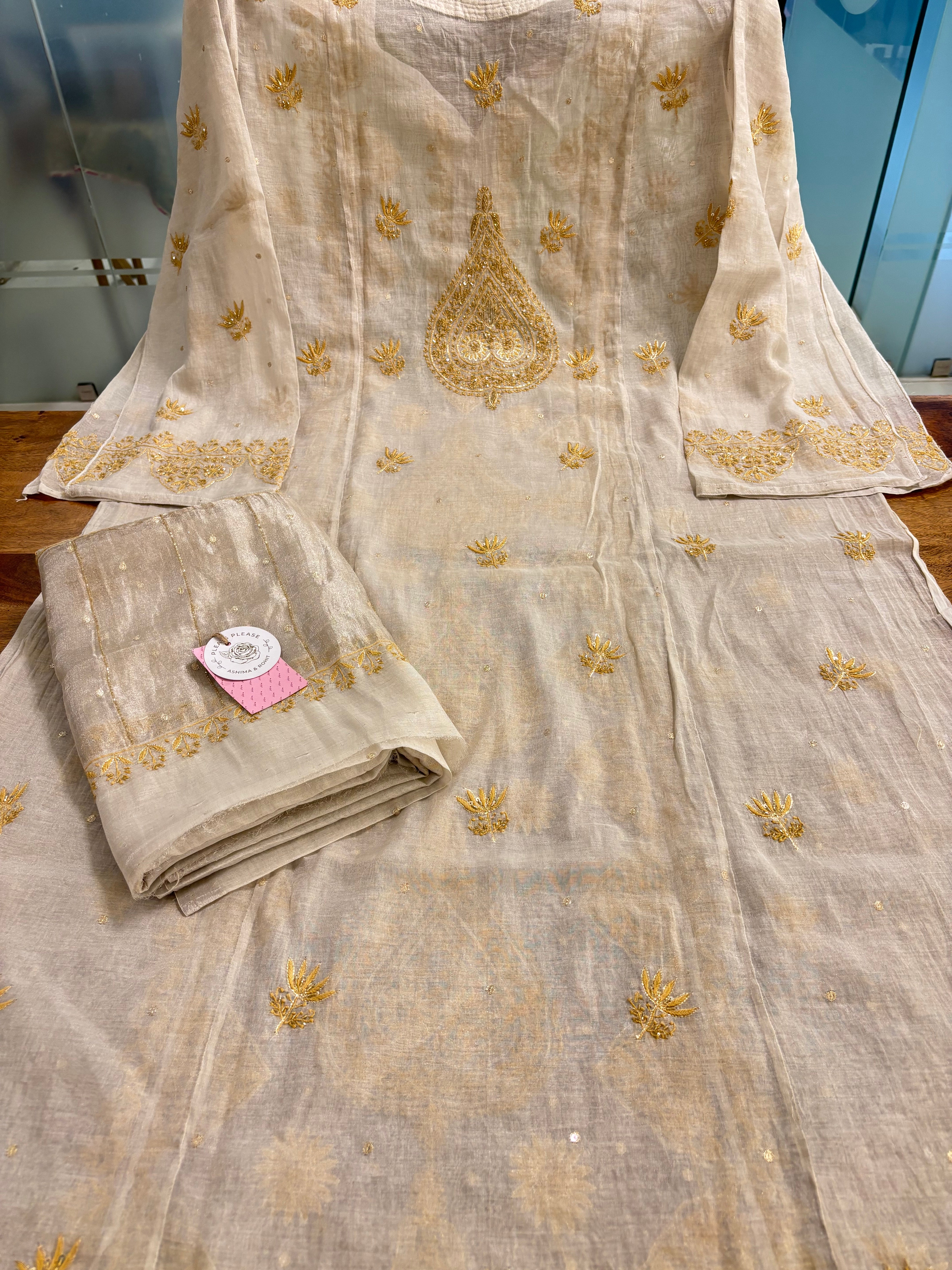 Dyeable Ivory Silver Pure & Premium Tissue Chikankari Kurta & Dupatta