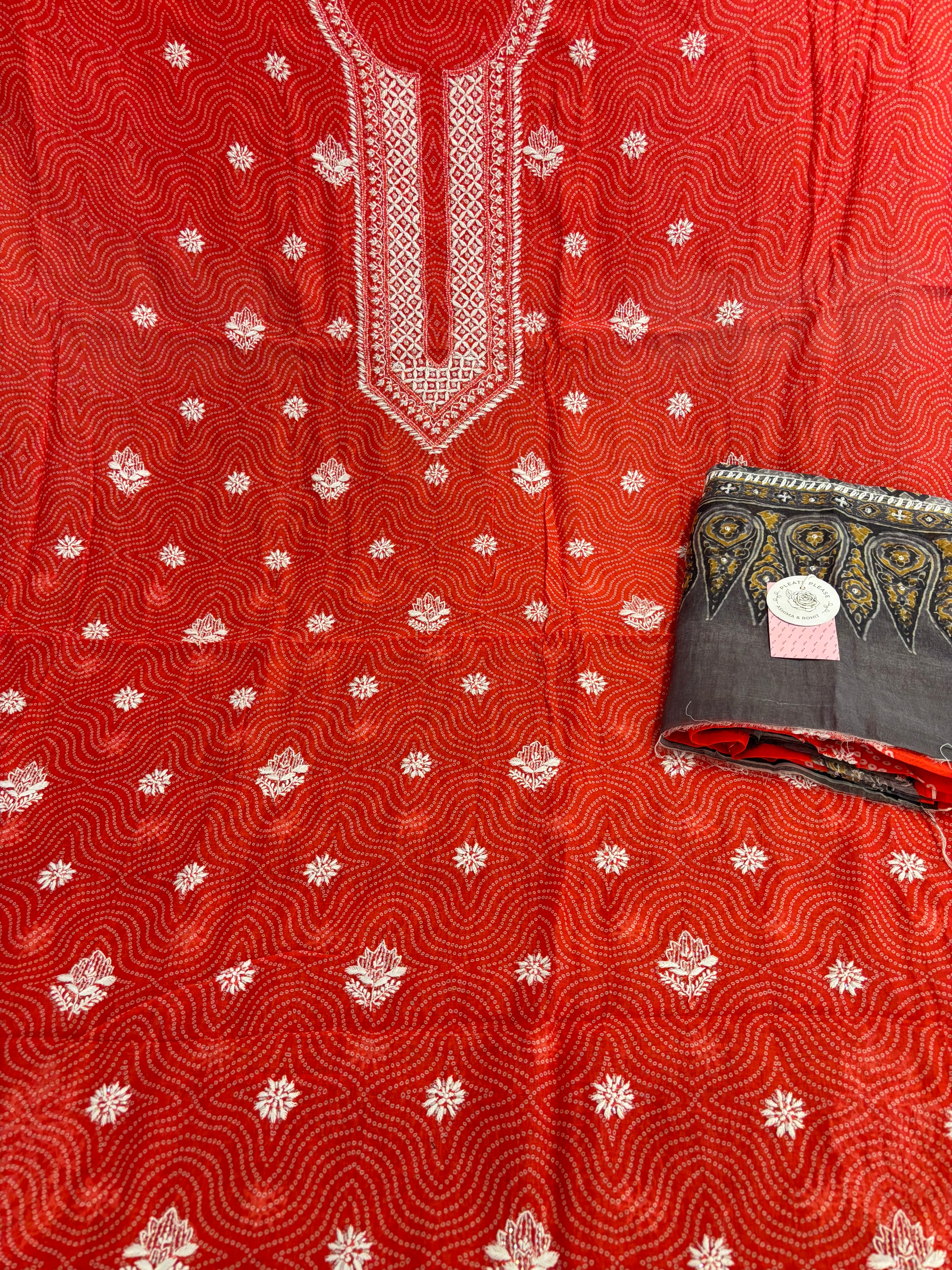Coral Peach Chanderi Mul Bandhej Chikankari Kurta & Dupatta - Pleats PleaseChikankari