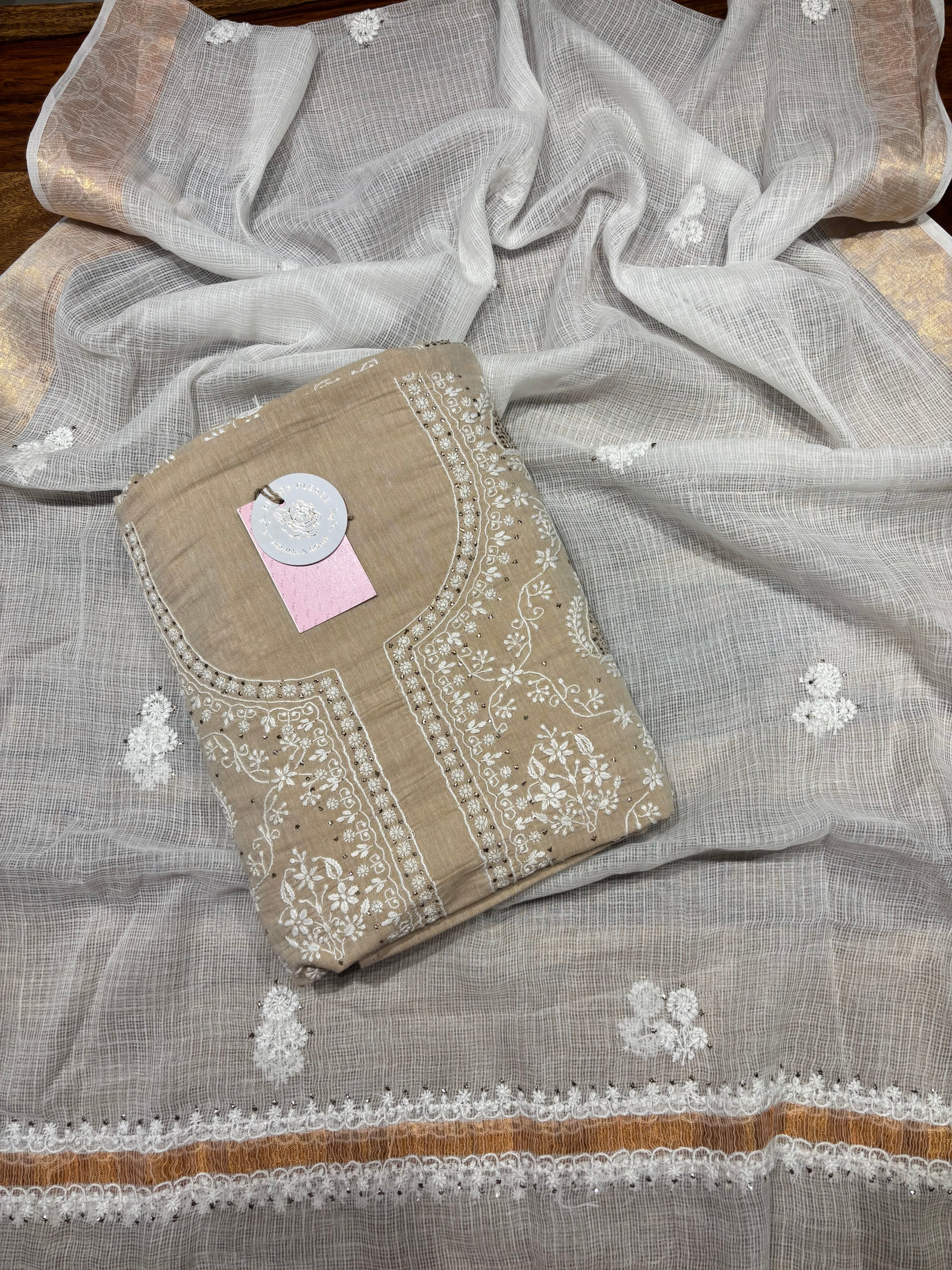 Natural Linen Chikankari & Mukaish Kurta & Dupatta Set
