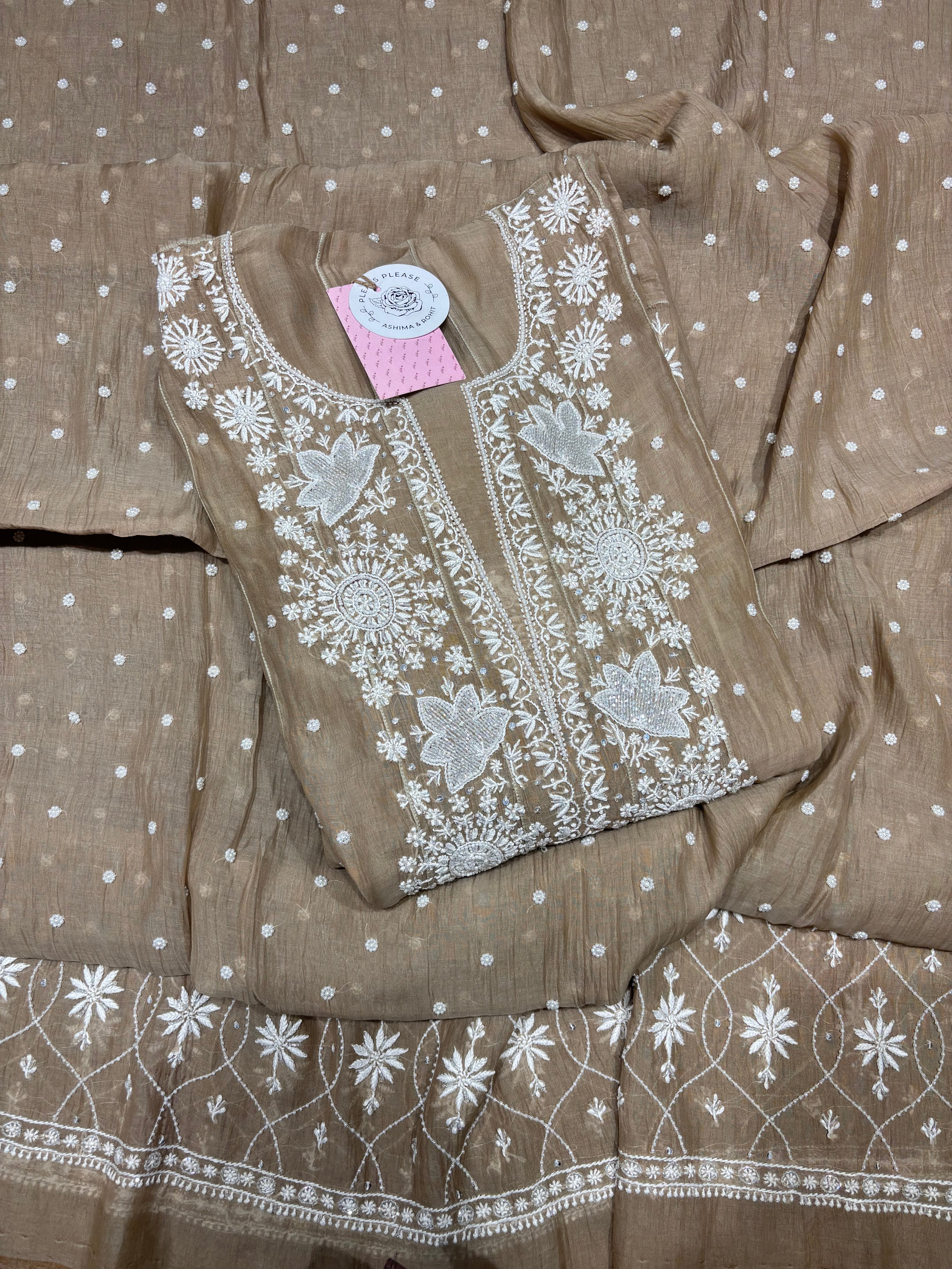 Brown Chanderi Mul Chikankari Anarkali and Dupatta Set