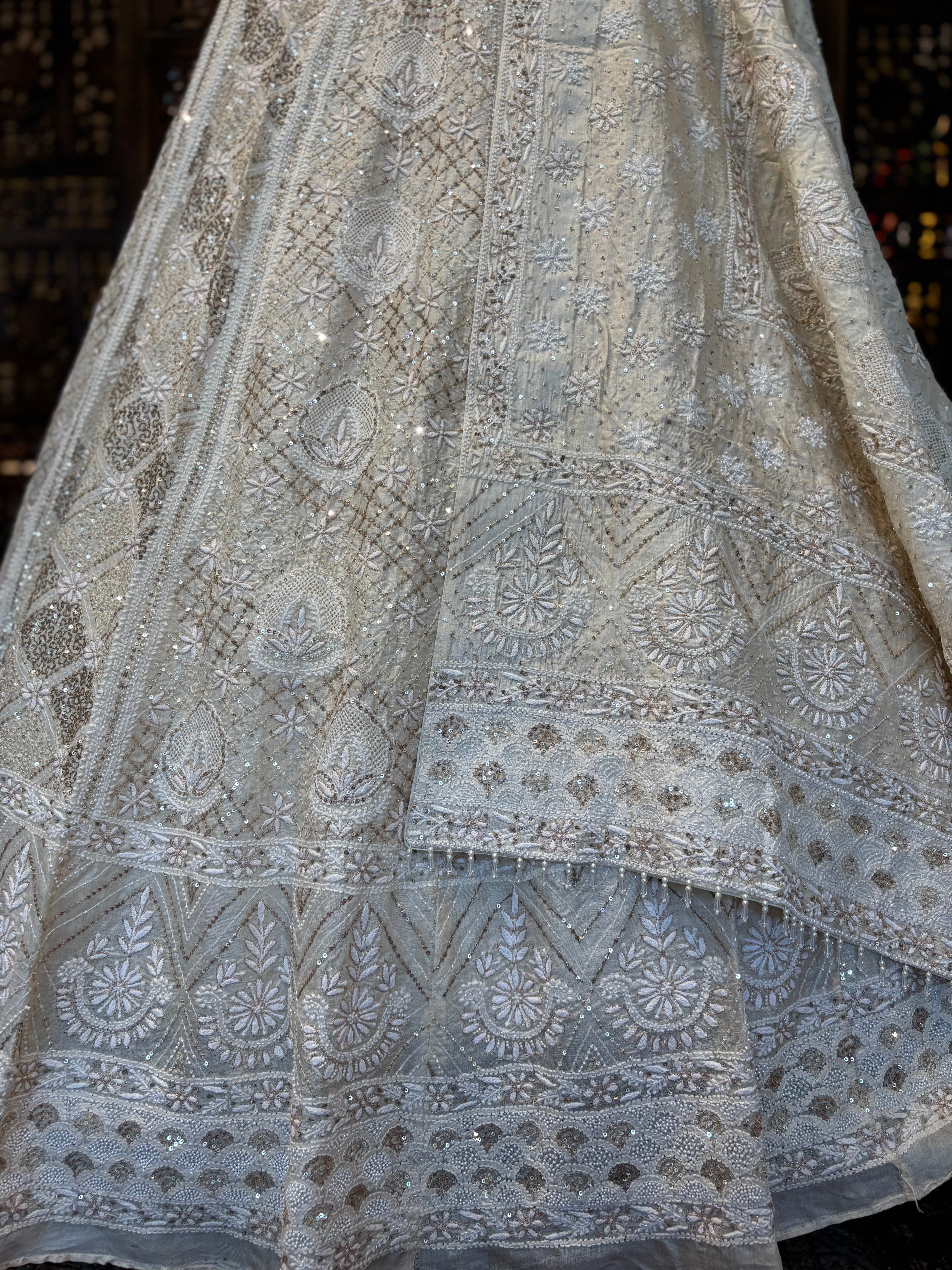 Ivory Pure & Premium Silk Chikankari Jaal Lehenga & Dupatta Set