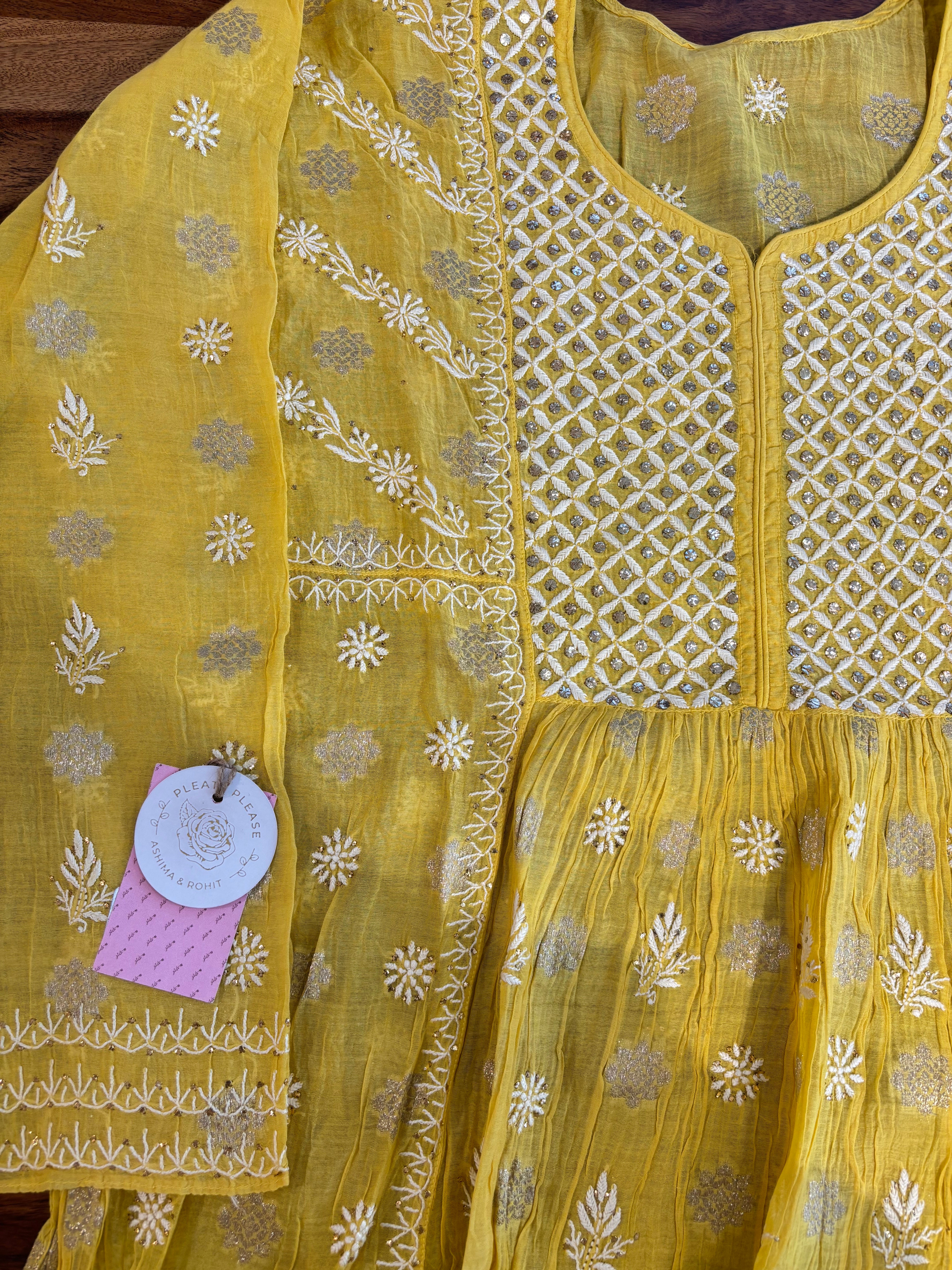 Yellow Chanderi Chikankari Mukaish Kurta, Dupatta & Sharara Set