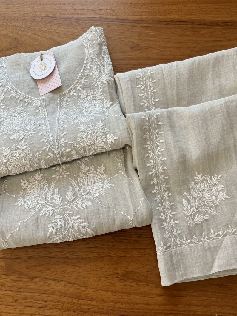 Dyeable Silver Tissue Chikankari Co-ord Set