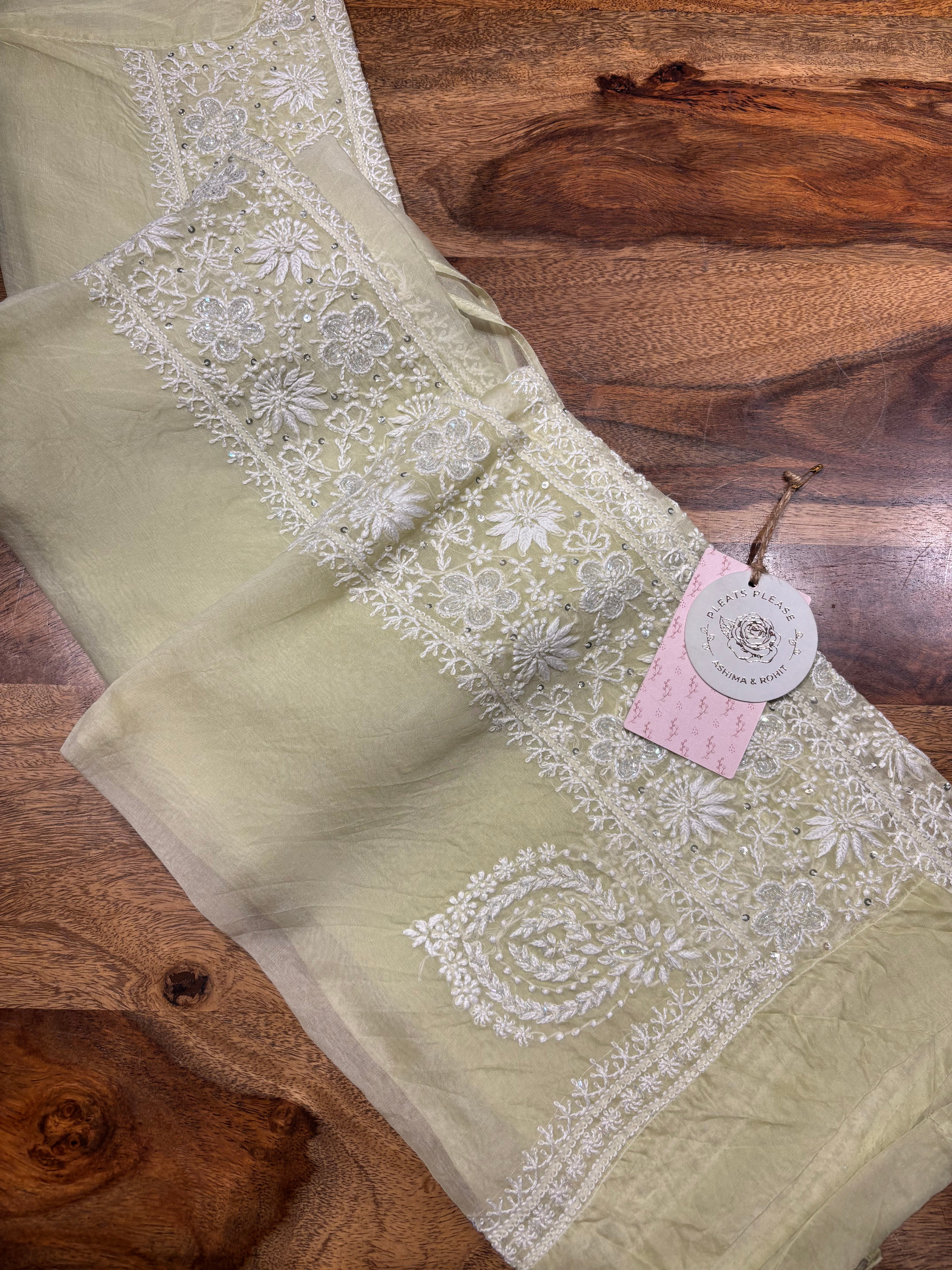 Pistachio Green Pure And Premium Organza Chikankari Co-ord Set