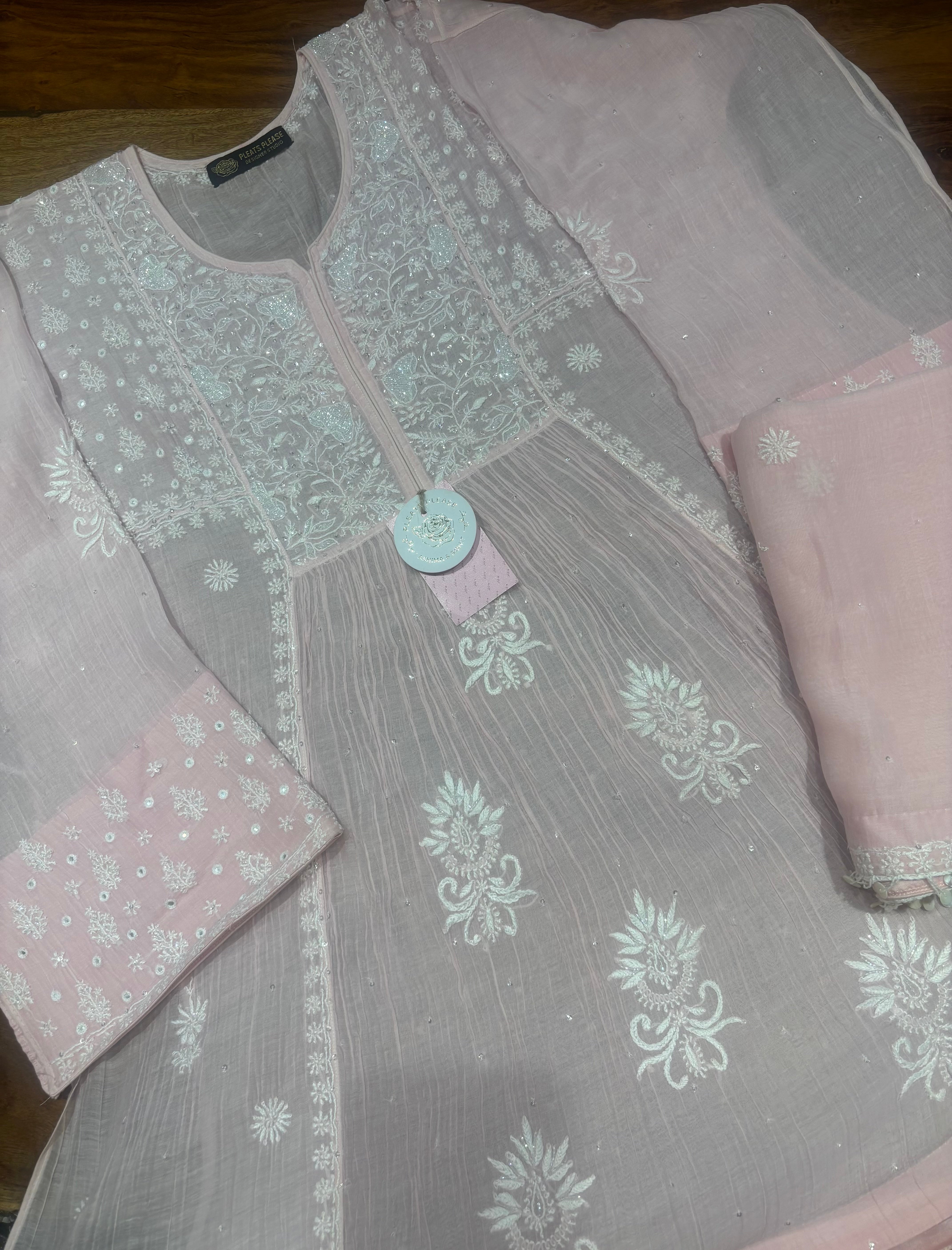 Soft Pink Chanderi Mul Chikankari Kurta, Sharara & Dupatta Set