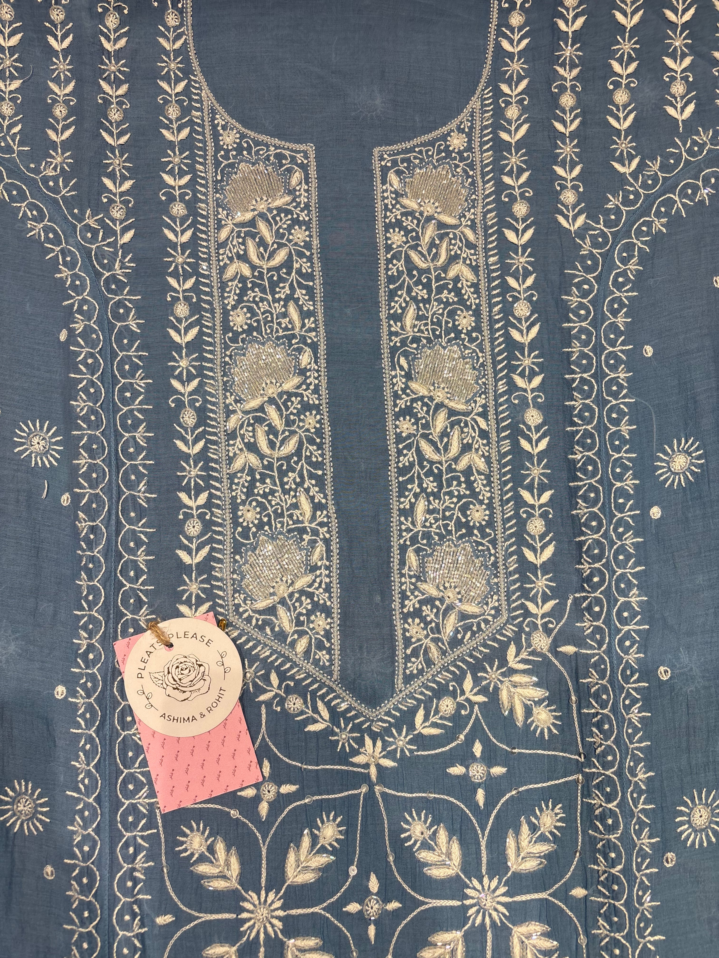 Blue Chanderi Mul Chikankari Kurta and Dupatta Set