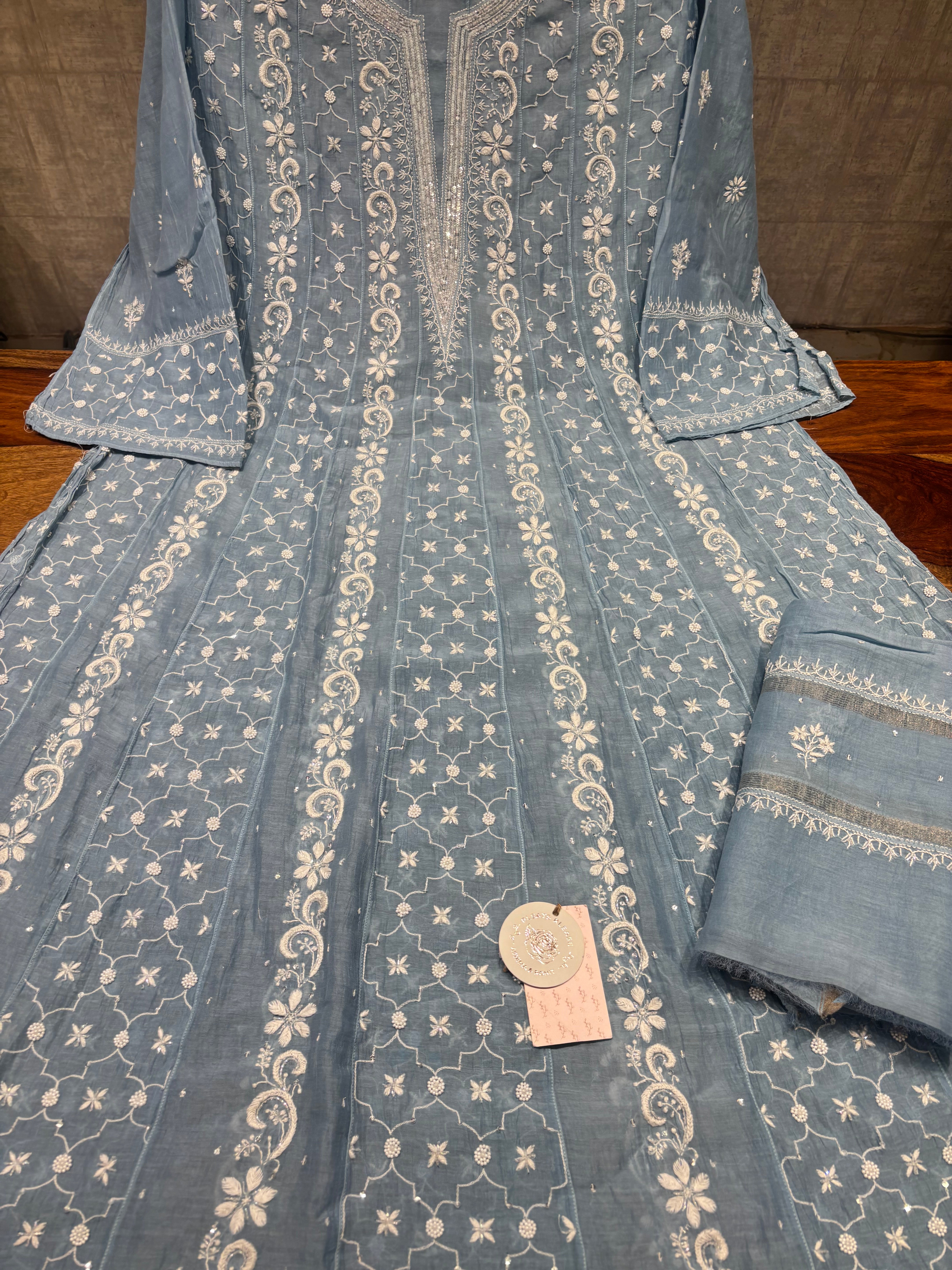 Powder Blue Chanderi Mul Chikankari Anarkali & Dupatta Set