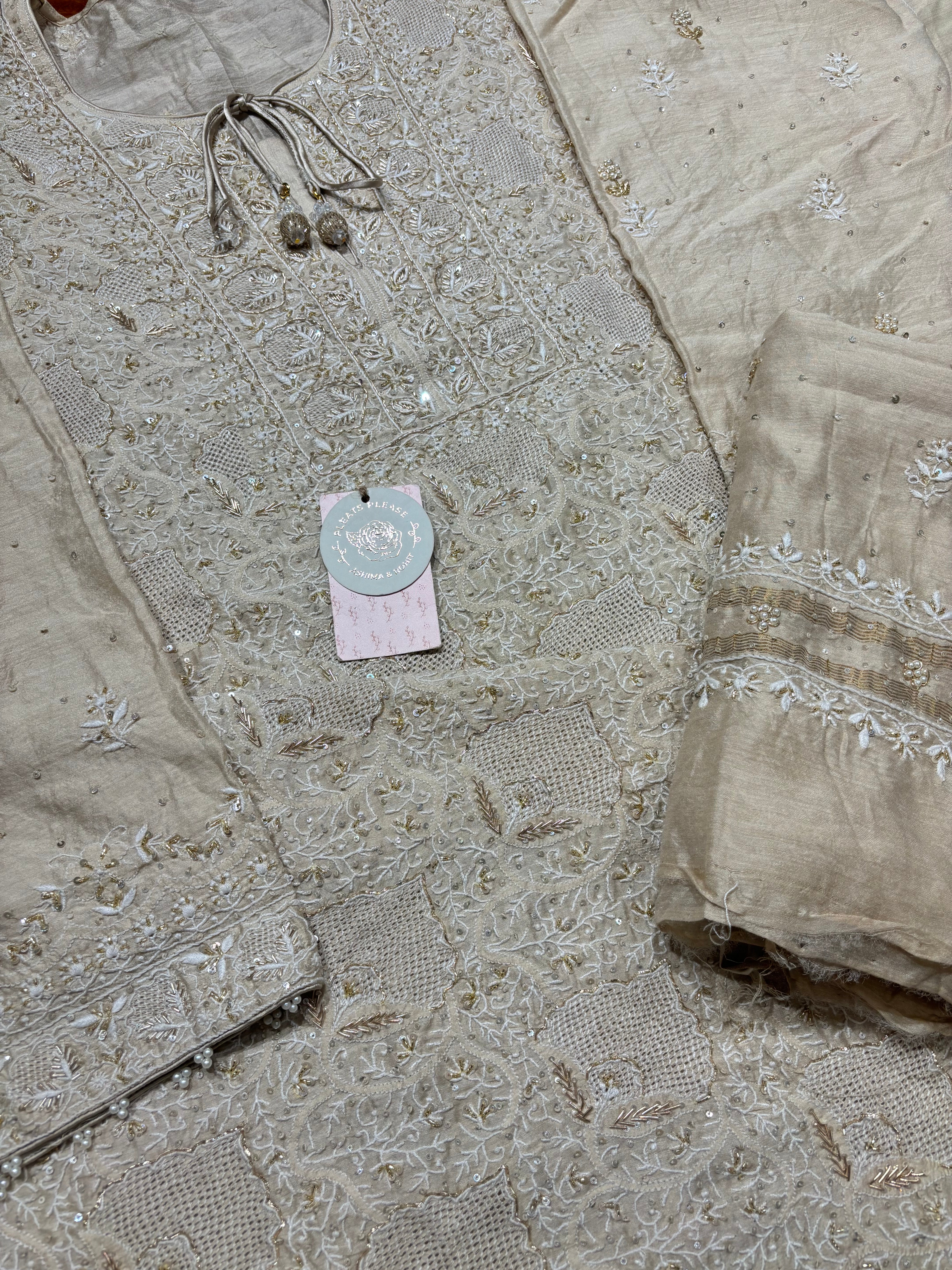 Dyeable Monga Silk Chikankari Kurta & Dupatta Set