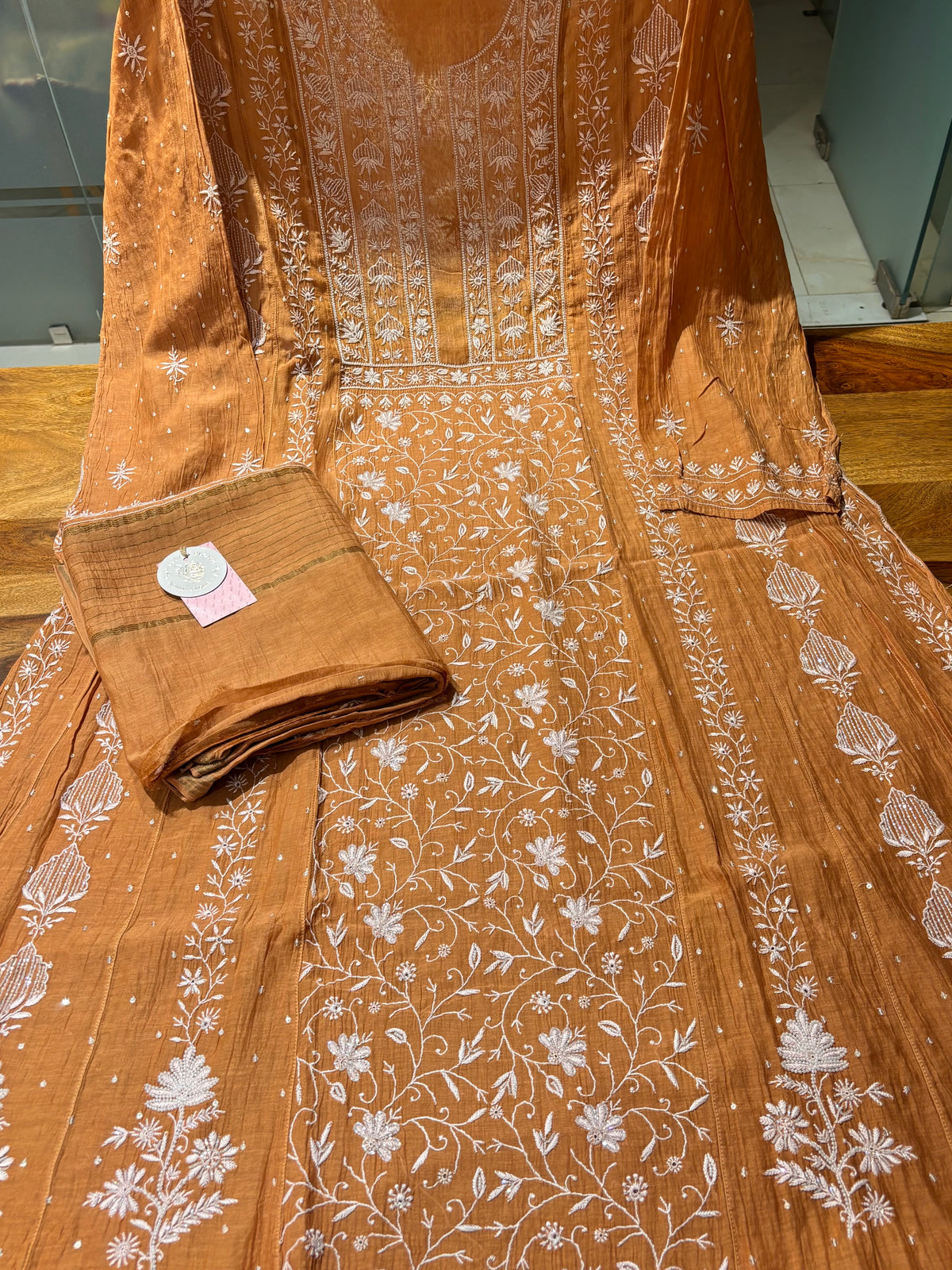 Caramel Brown Chanderi Mul Chikankari A-Line Kurta & Dupatta