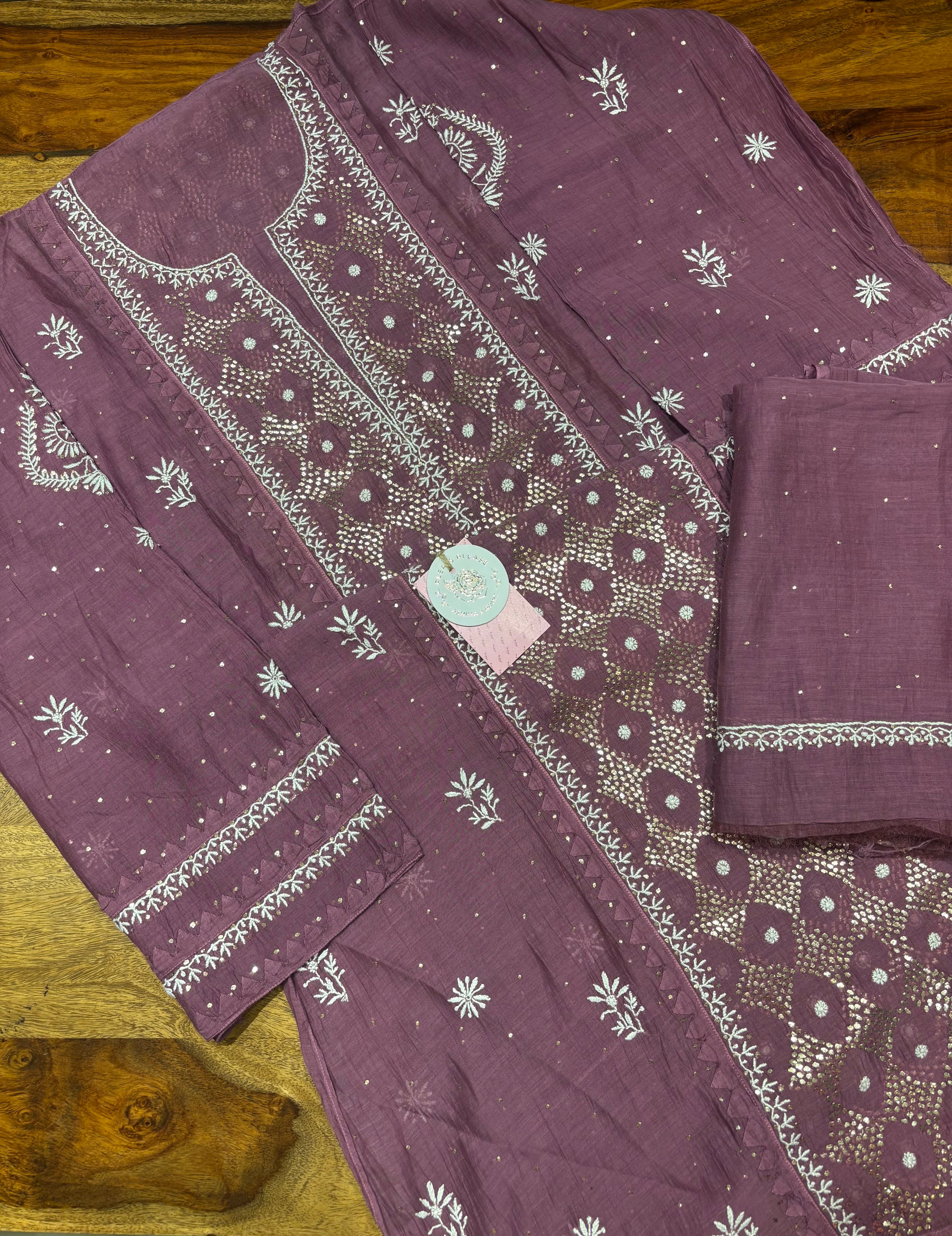 Aubergine Chanderi Mul Chikankari & Mukaish Kurta & Dupatta Set