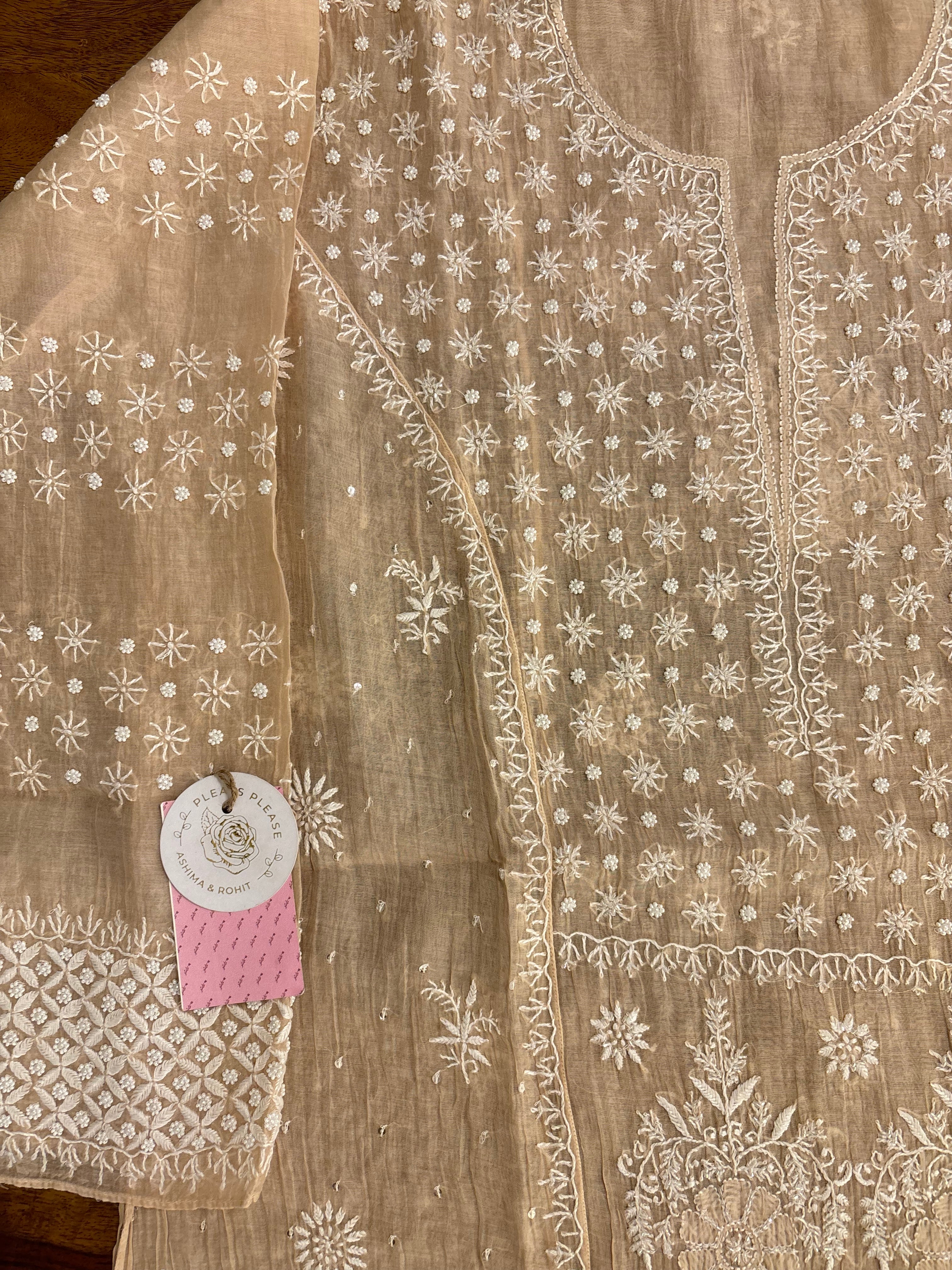 Pastel Peach Chanderi Chikankari Kurta & Dupatta